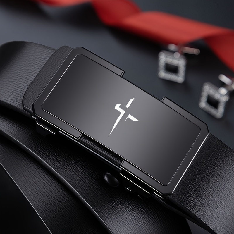Men's Belt with Cross Pattern and Alloy Automatic Buckle