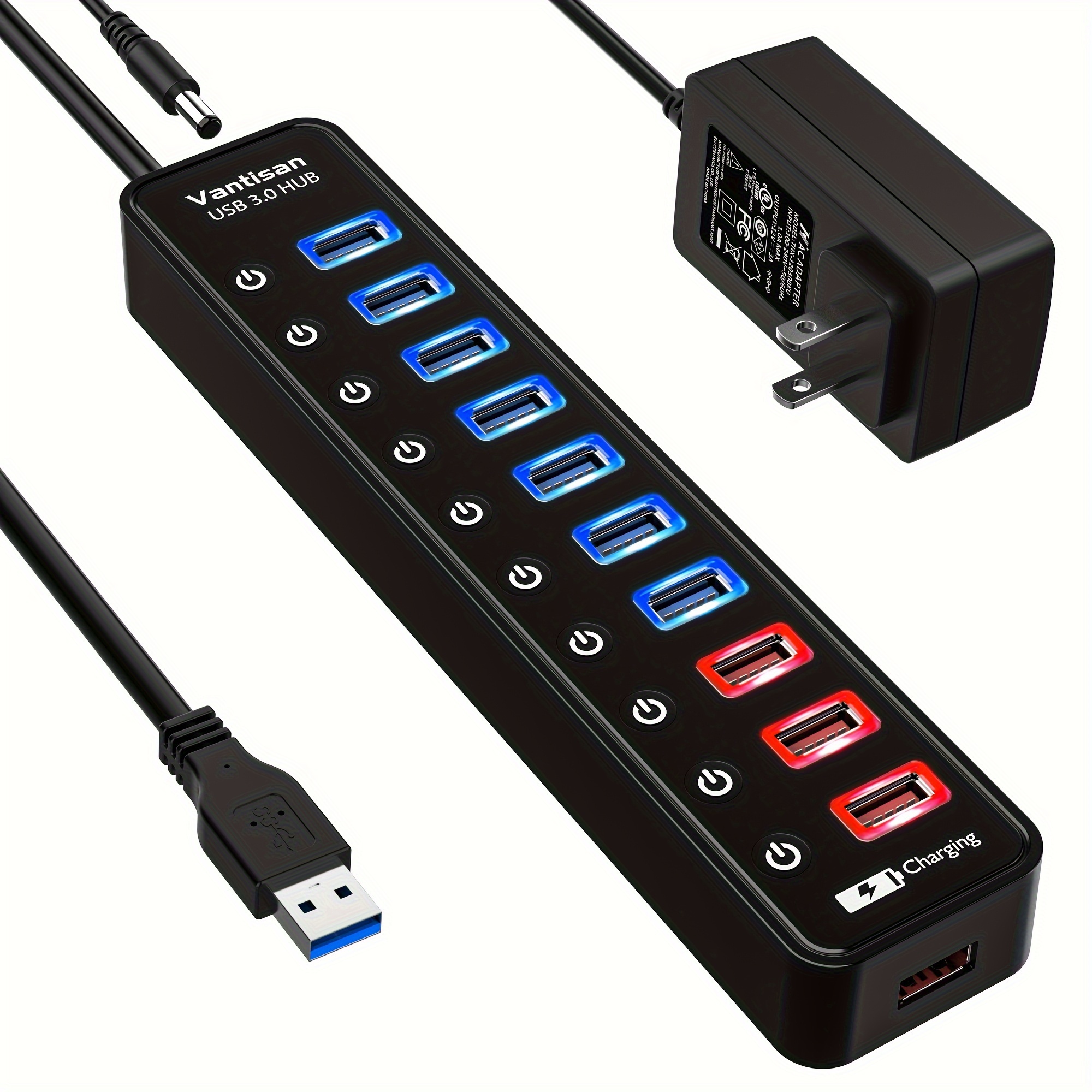 

Usb 3.0 Powered, 11-port Usb 3.0 Expansion Splitter (7 Usb 3.0 Data Ports + 4 Usb 3.0 Smart Charging Ports) With Individual Switches And 12v/4a Power Adapter For High Power Usb Devices.