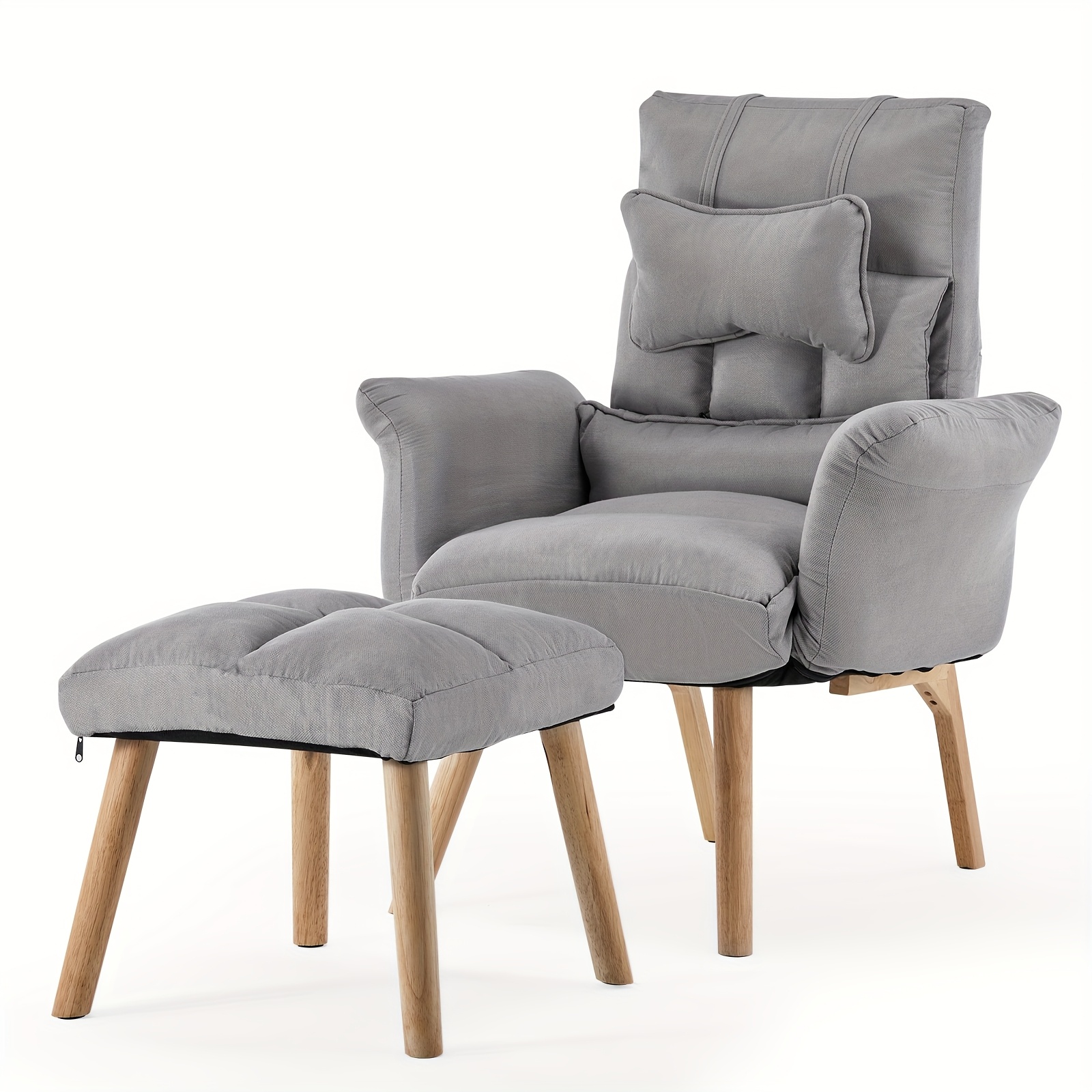 TEMU Fauteuil inclinable en lin avec tabouret, réglable à 6 , fauteuil pliant à 90°-180° avec pieds en bois , fauteuil de détente pour TV, lecture,