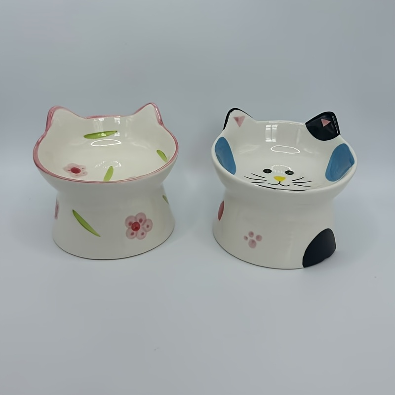 Image of 2pcs Ceramic Cat Food & Water Bowls With Anti-tip Elevated Design, Whimsical Cat-themed Patterns (polka Dots, , Floral) - Ergonomic Feeding Bowls To Protect Neck, Perfect Gift For Cat Owners
