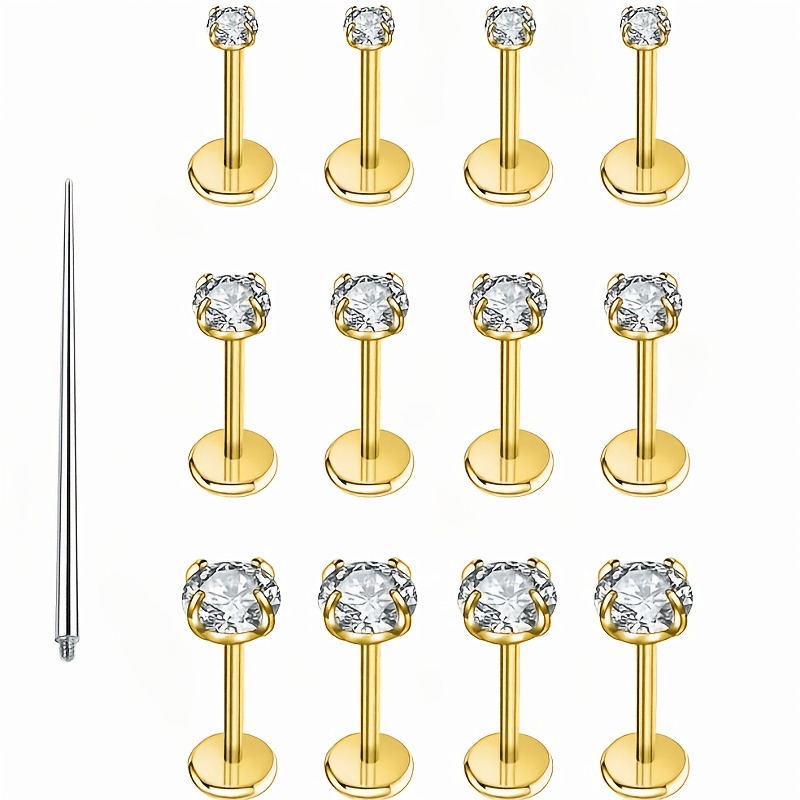 TEMU 13 piezas 16G Tornillos de espalda Acero inoxidable Sin Push in Labret Anillo de nariz Tragus Helix Medusa Joyería de perforación, Adecuado para