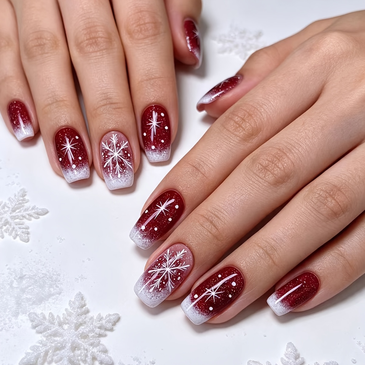 TEMU 24pcs Red Glossy Snowflake Press-on Nails Suitable For Travel, Christmas Parties, Winter Events - Reusable False Nail Tips With Medium-length