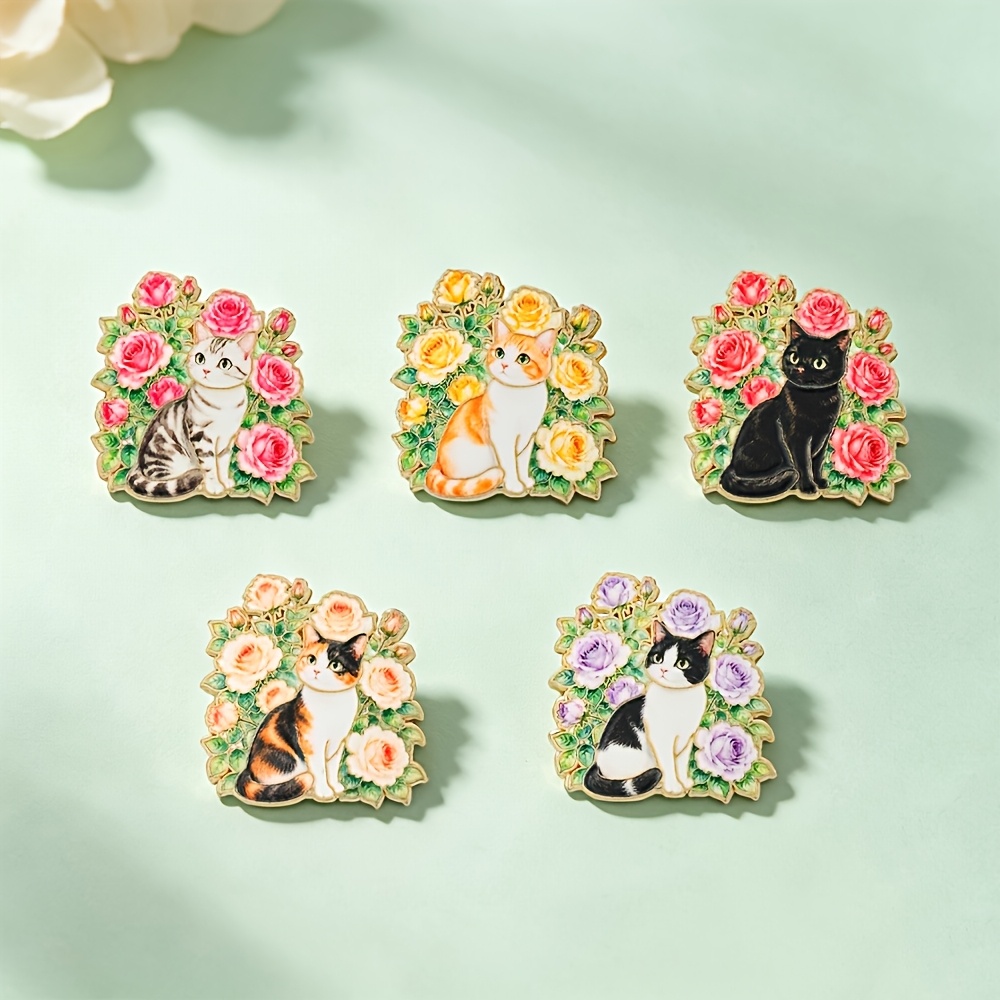 TEMU 5pcs/set Cats And Flowers Enamel Pin Fashion Decorative Badge Ornaments Lapel Bag Badges Gifts