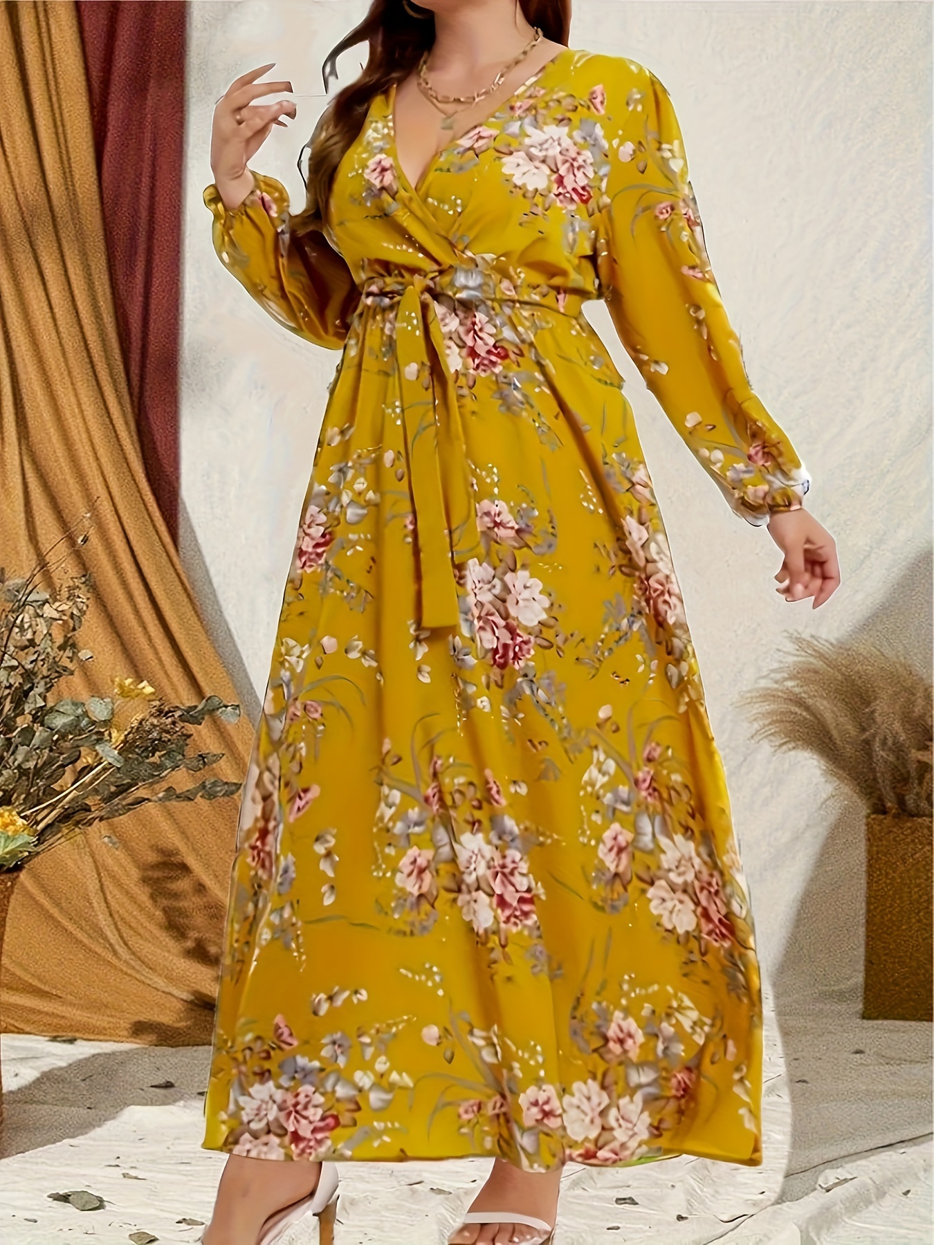 plus size floral print belted dress elegant long sleeve - Temu plus size floral print belted dress elegant long sleeve - Temu