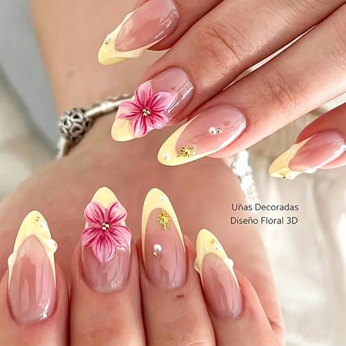 juego de 10 uñas postizas de hechas a para pegar: puntas francesas amarillas, líneas 3d, flores 3d rosas hechas a , detalles de cuentas de acero y de estrella. estilo de lujo elegante, aptas para uso /fiestas. uñas postizas reutilizables.