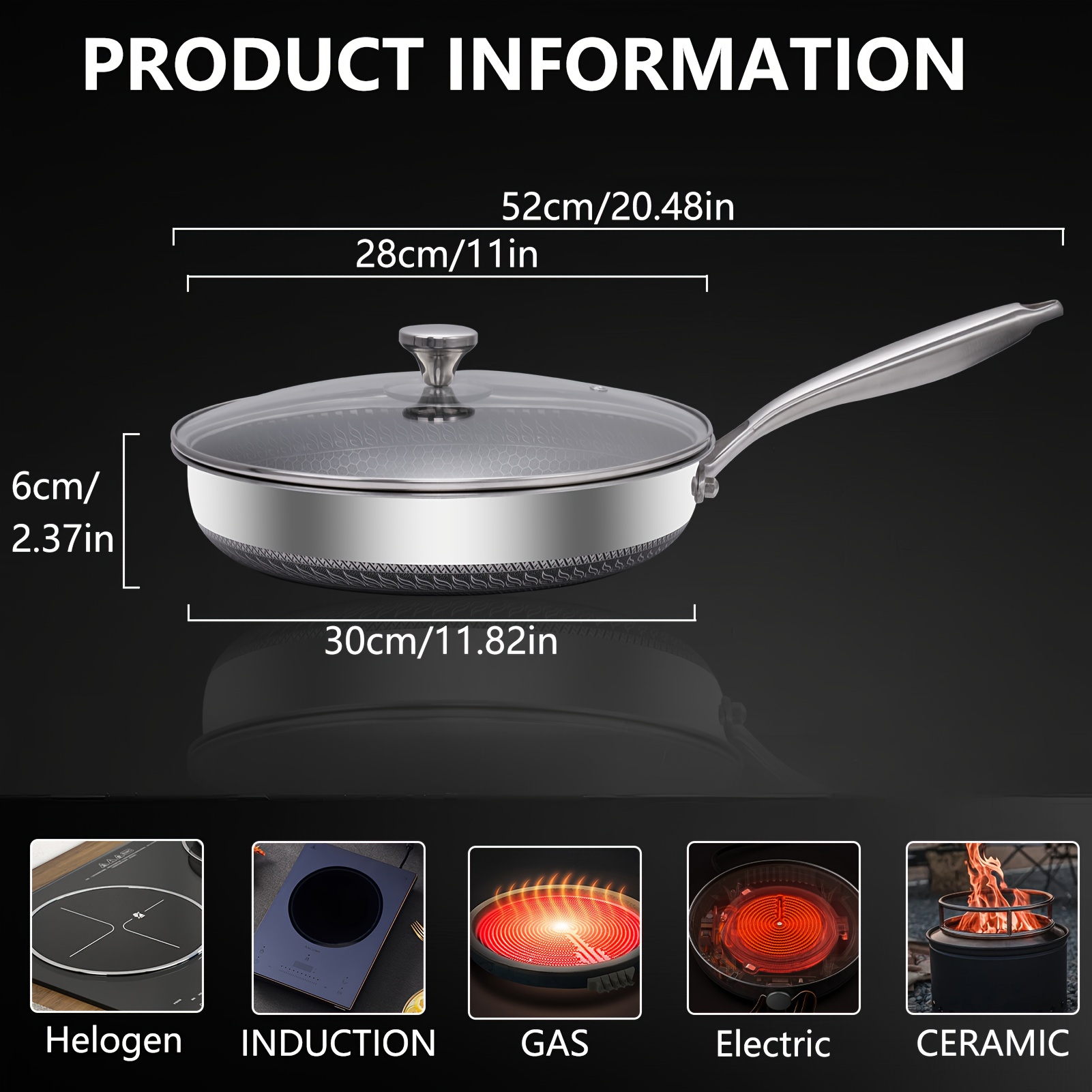 TEMU 1pc 30cm Stainless Steel With Lid - Honeycomb Surface, Thickened 408 Stainless Steel, Scratch-resistant, Smooth Non-induction Bottom & Ergonomic
