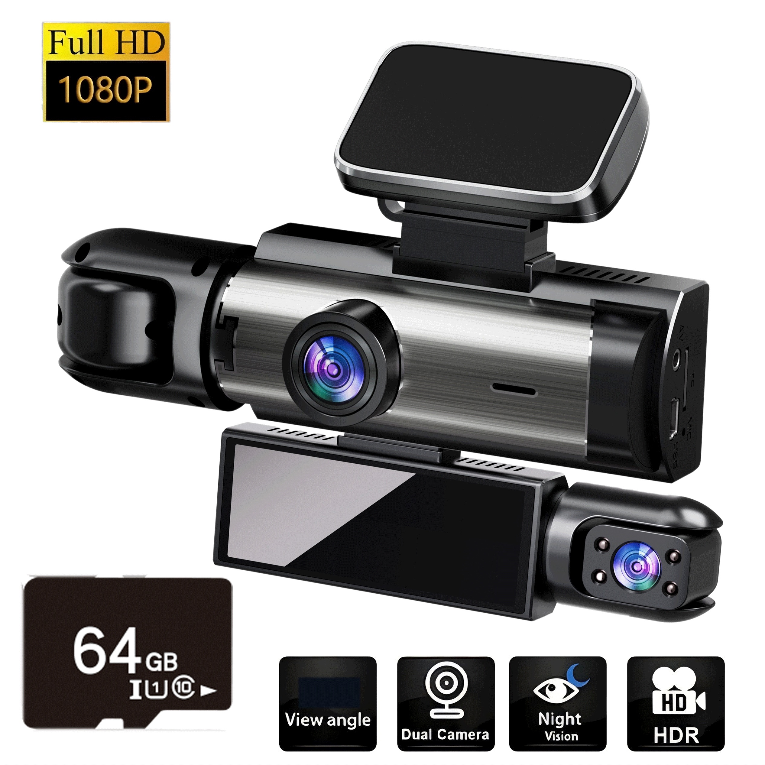 Ouyaaqii Çift Lensli Günlük Kamera, 64GB Bellek, 1080P HD Gece Görüşü, Alüminyum Güneş-Proof Kasa, Evrensel Araba Fişi 12-24V, Şarj Edilebilir Lityum-Polimer Pili, Ön & Kabin Kamera, Otomatik Acil Kayıt, Telefon Hızlı Şarj Paketi