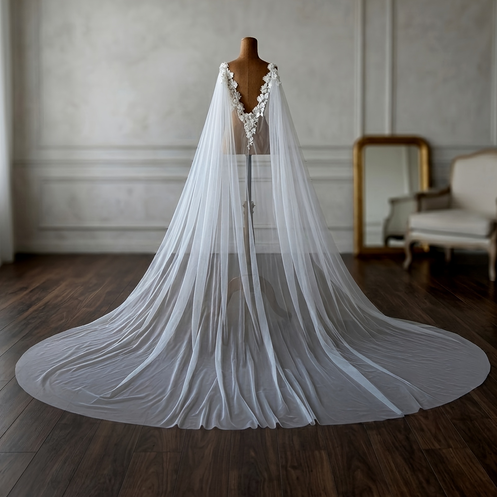 TEMU Long Wedding Cape With White Lace And Three-dimensional Floral Embellishments, Featuring An Open-. This 3-meter-long Detachable Women's Cloak Is