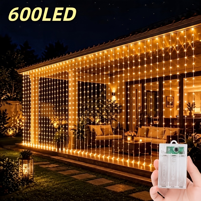 TEMU Battery Powered Curtain Lights 600 Led, 600cm X 300cm Fairy Light String, 8 Adjustment, Bedroom Living Room Curtain Lights, Suitable For Wall