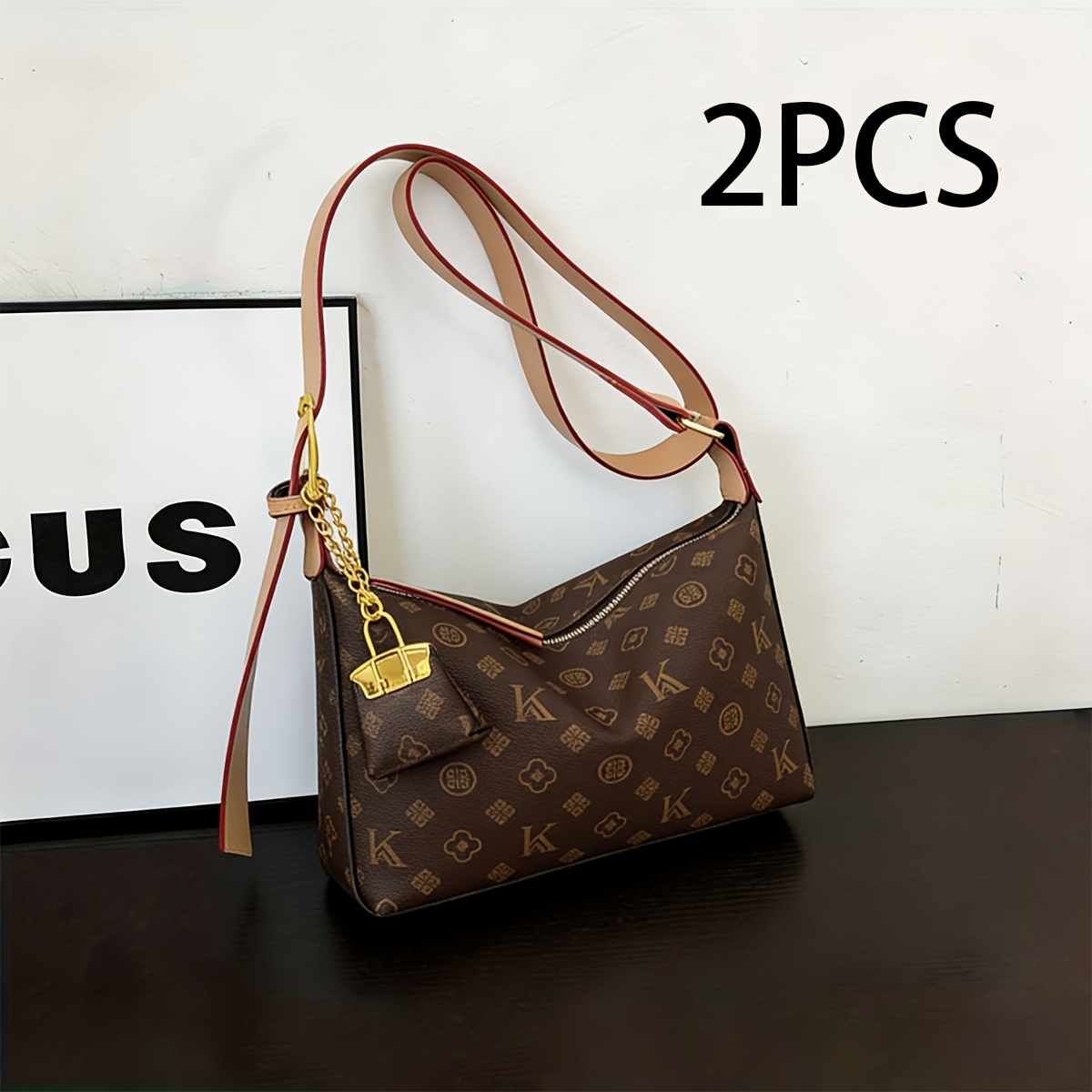 coffee color   tote bag 2pcs set large capacity with small bag pendant retro shoulder underarm light luxury crossbody bag for women