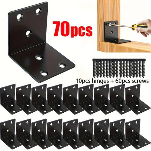 70pcs heavy duty black metal angle bracket set 10pcs angle brackets and 60pcs screws with pre drilled holes and rounded edges suitable for wooden furniture bed frames chairs shelving sturdy a frame easy to assemble