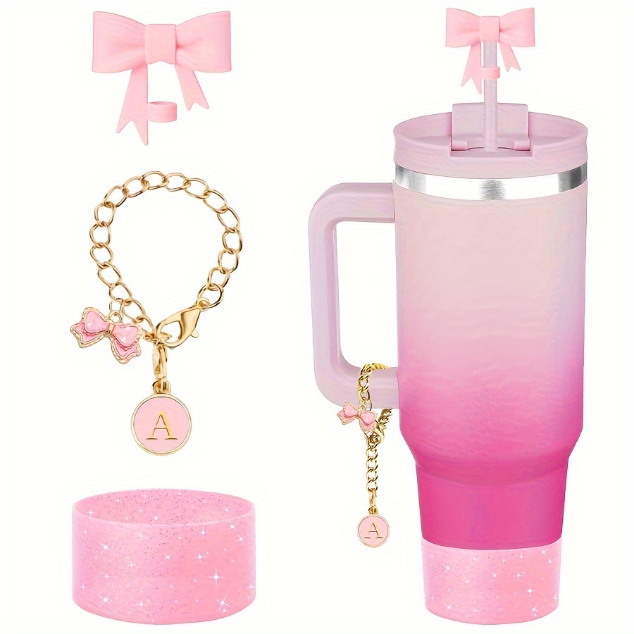 

3pcs Set For For Cup Accessories 30 & 40oz, 1pc Cute Bow Silicone Straw Lid Cover, 1pc A-z Name Id Letter Handle Charm, 1pc Cup Sleeve, Personality Cup Decorations