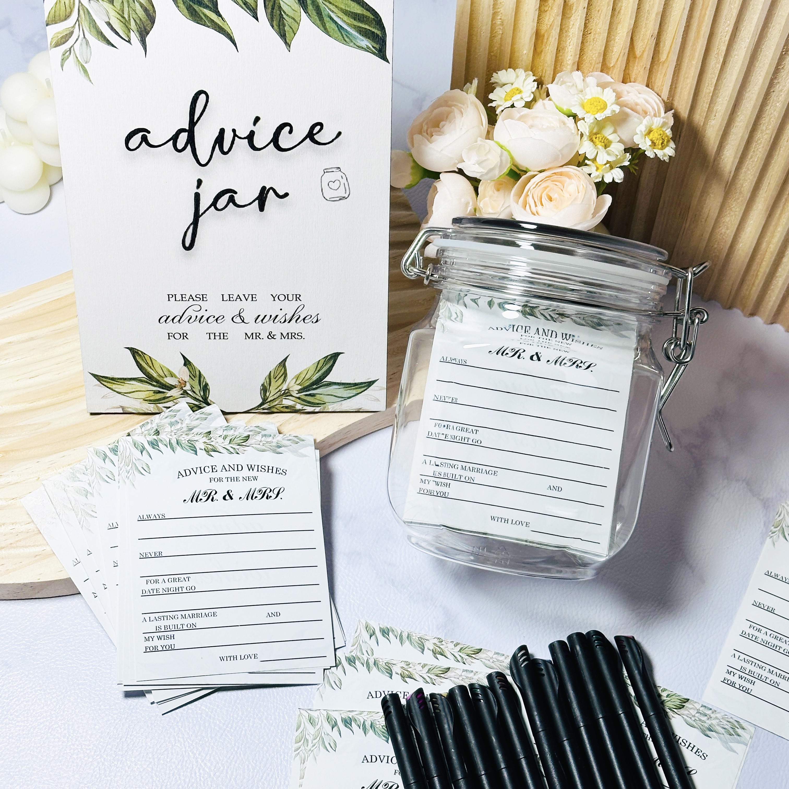 

1set, Bridal Shower Decoration Guest Book Including Advice And Wishes For The Mr And Mrs Wedding Advice Sign With Greenery Advice And Wishes Cards Color Pens Wedding Wish Jar For Guest Party