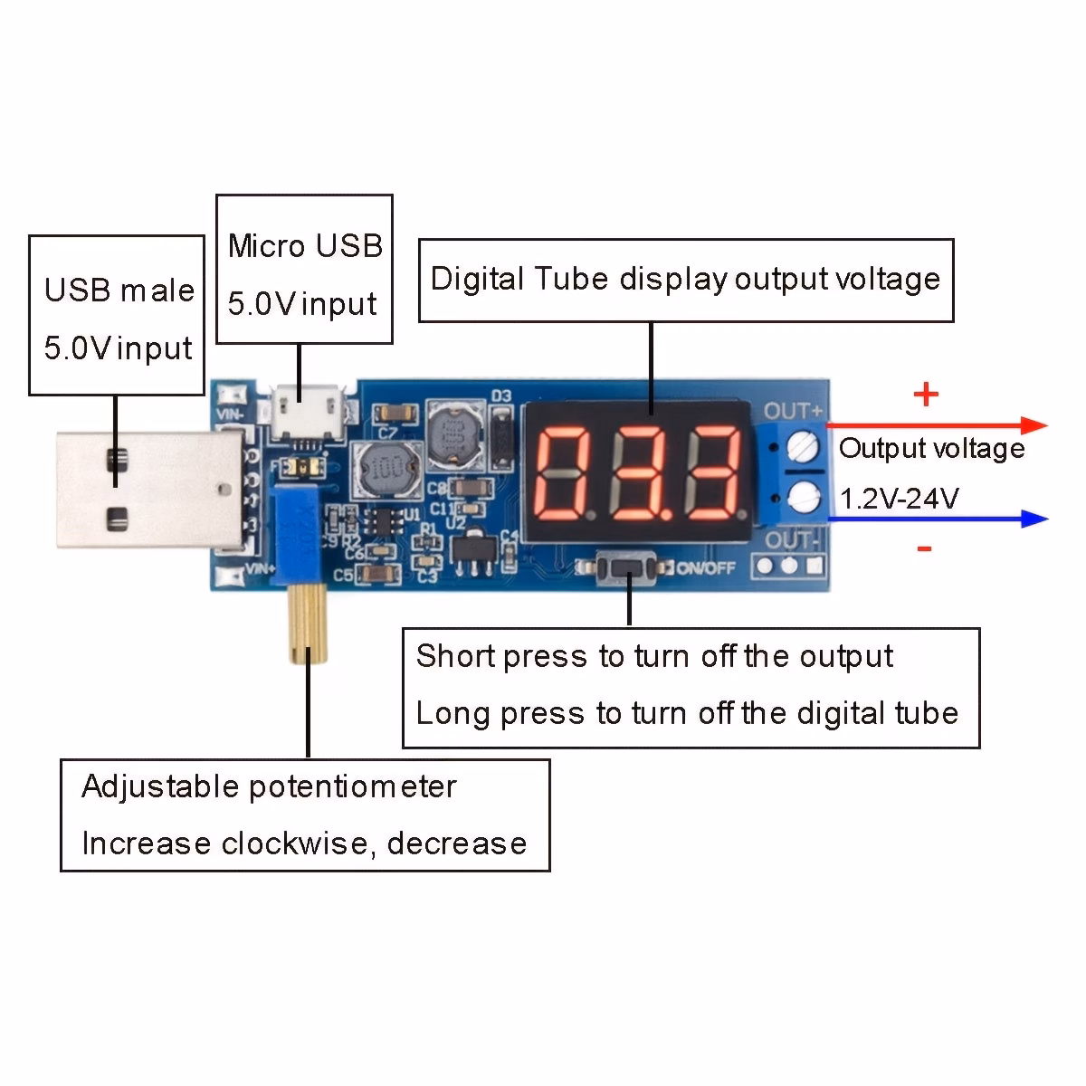 5 יחידות של מודולי ממיר usb -boost שמתאימים את המתח מ-3.5v-12v ל-1.2v-24v, פועלים כגם מספקי חשמל וגם , ויכולים לספק וולטאג עד 5v, 3.3v, 9v, 12v ו-18v. פרטי מוצר 2