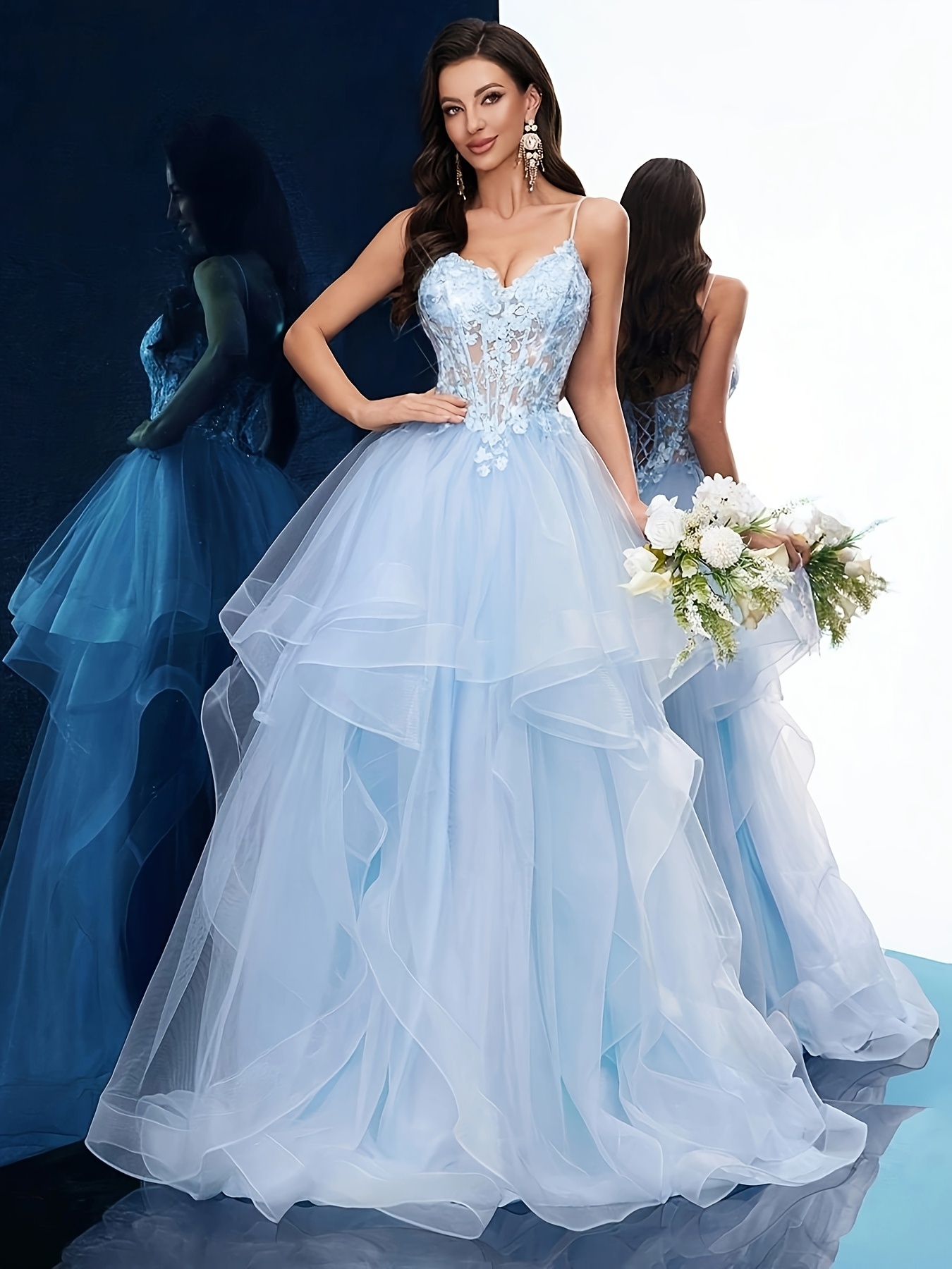 Elegant Light Blue V-Neck Sleeveless Gown with Lace Overlay and Tulle Skirt  Graduation Parties, Banquets, and Formal Events, Graduation Party