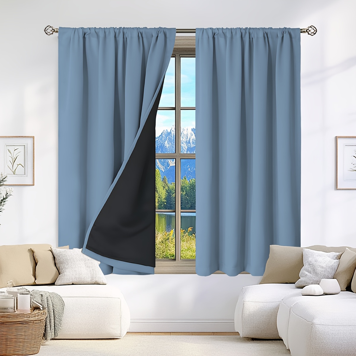 TEMU 1pc 100% Blackout Curtains Thermal Anti- Curtains - Blue Blackout Insulating Drapes, Rod With Coated Lining, Fall Winter Windproof Room Blackout