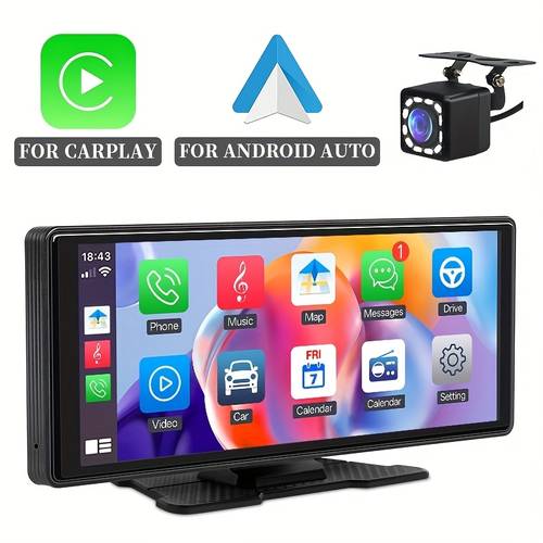 10 26 portable carplay and androidauto screen in vehicle system wide display monitor for music navigation hd ips touchscreen wireless aux fm usb input 12v lighter socket powered modern accessory
