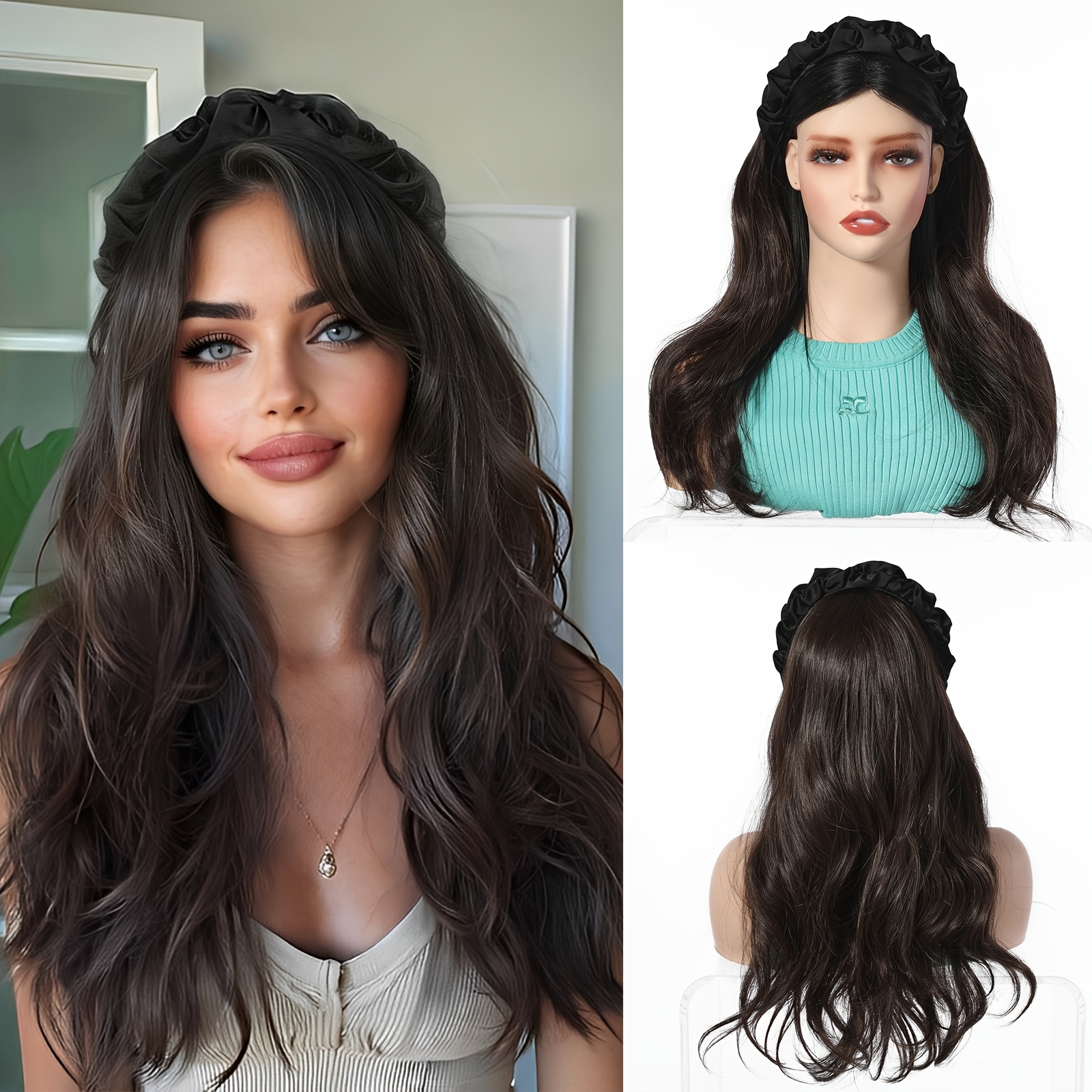 Headband Wig Integrated (24 Inches) One-piece Synthetic Long Curly Wig, Brown Hairband, Wear, Fashionable Style, Hair Extension, Natural Fluffy