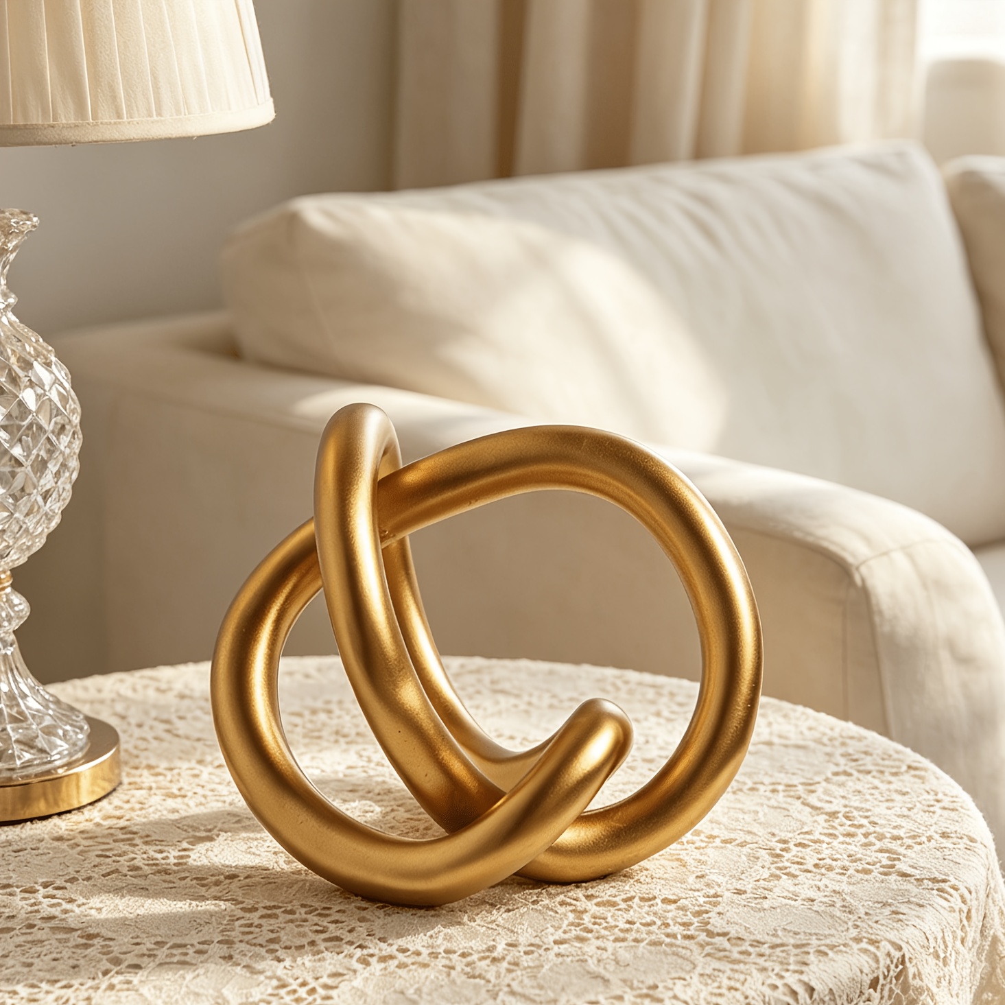 TEMU 1pc Modern Abstract Golden Knot Sculpture - Twisted Resin Loop Tabletop & Hanging Decoration, Minimalist Geometric Desk Ornament Suitable For