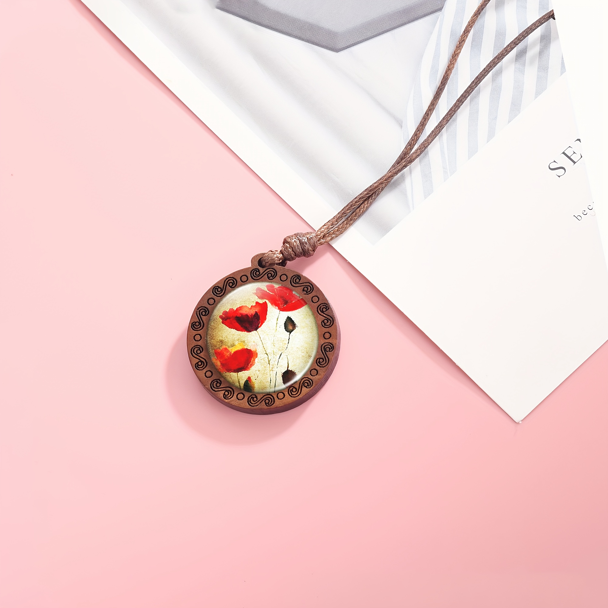 Handcrafted Wooden Round Pattern Necklace Pendant for Unisex