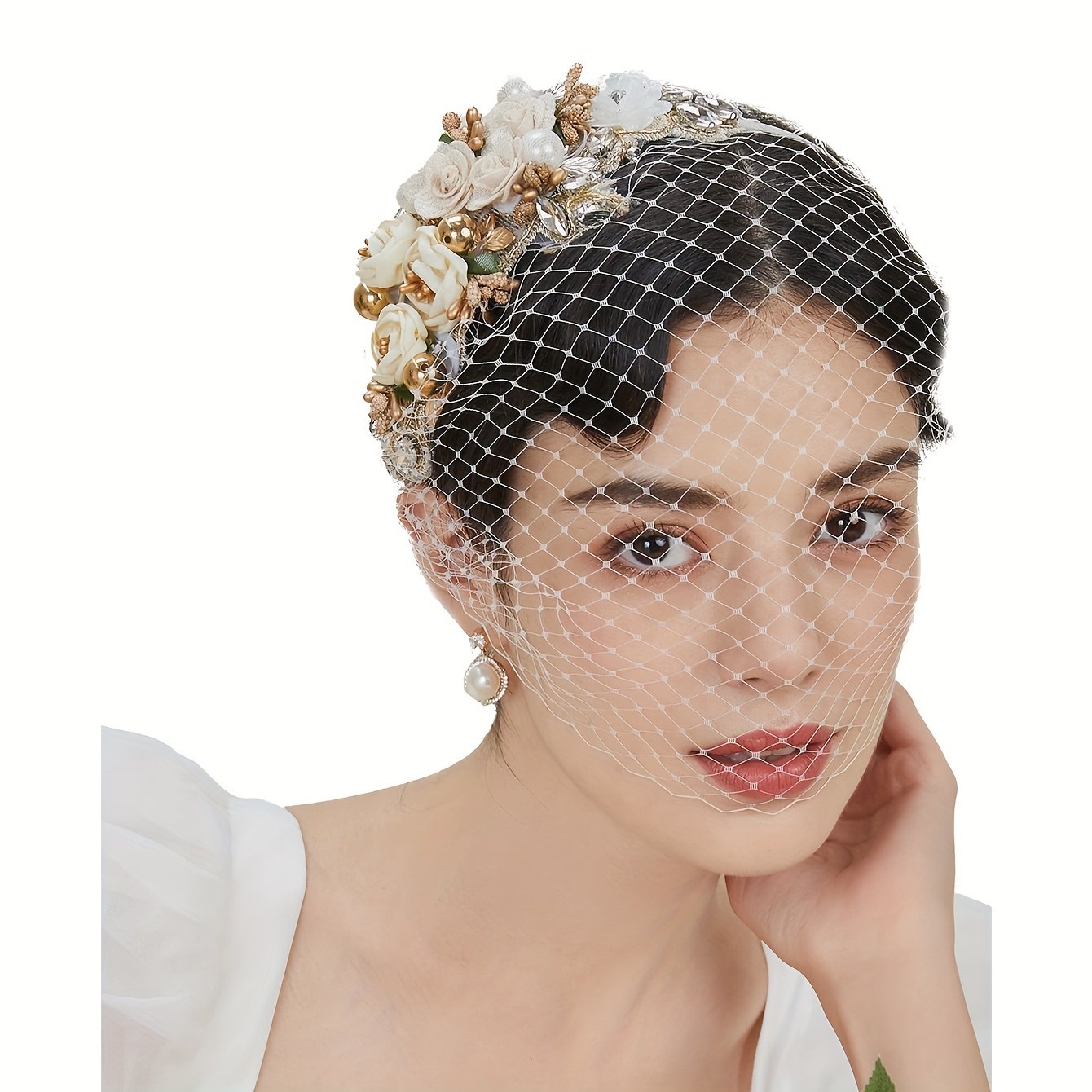 elegant 1920s beige fascinator veil headband floral leaf - Temu display picture 1