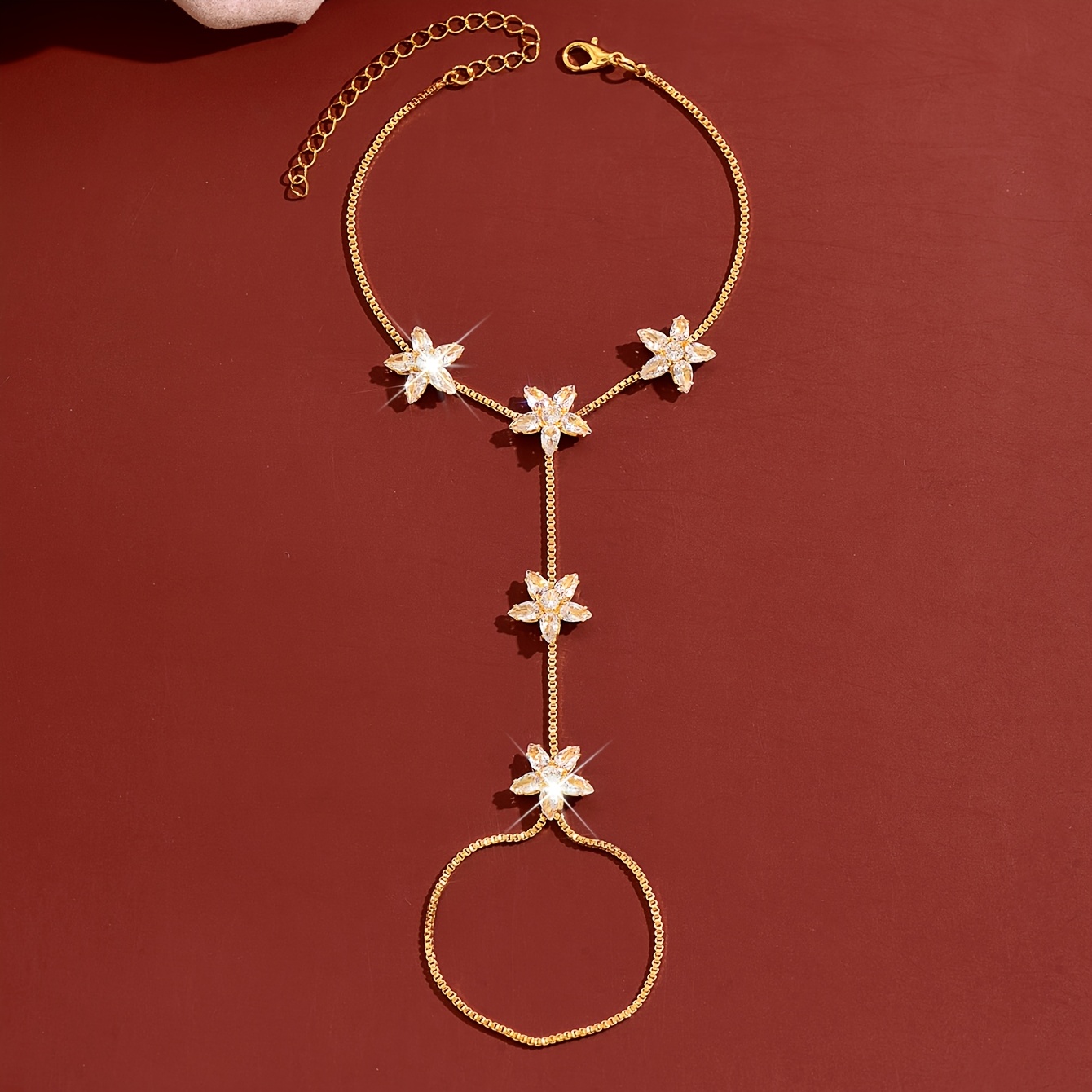 Women's Floral Diamond-Studded Finger Bracelet, Copper Design