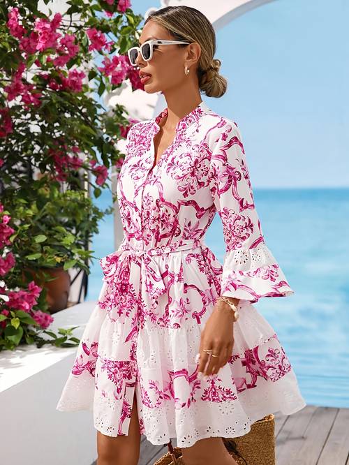 womens vacation floral print flared sleeve tie waist mini dress