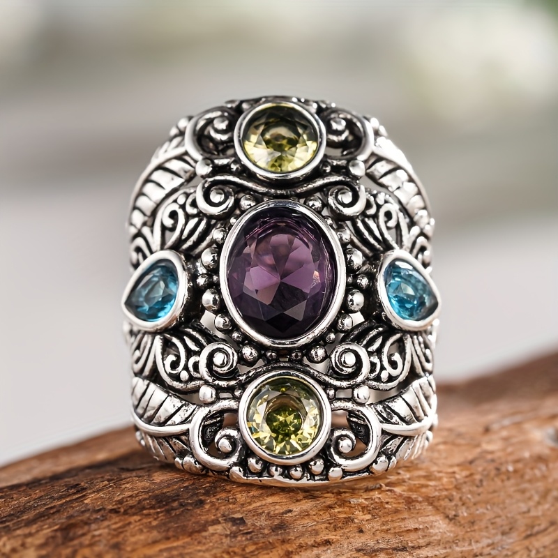 Image of Retro Fashion Hand Carving Exquisite Branch Pattern Antique Silvery Wide Ring Inlay Synthetic Zirconia For Men Women Party Banquet Chunky Jewelry Carnival Oktoberfest Personality Ring