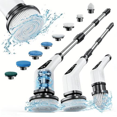 electric spin scrubber household wireless cleaning brush two speed with 8 replaceable brush heads and adjustable extended handle can 360 degree wireless cleaning bathroom bathtub shower room glass car tile and floor