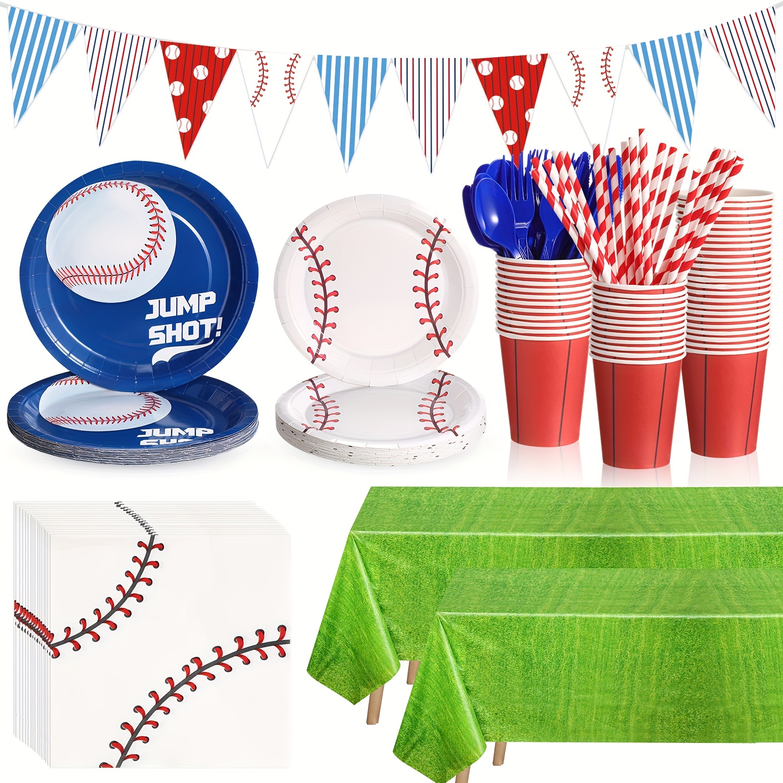 

195 Pcs Supplies 24 Guest Disposable Dinnerware With Baseball Tablecloth Paper Plates Cup Napkin Plastic Fork Knives Spoon And Banner For Birthday Decorations