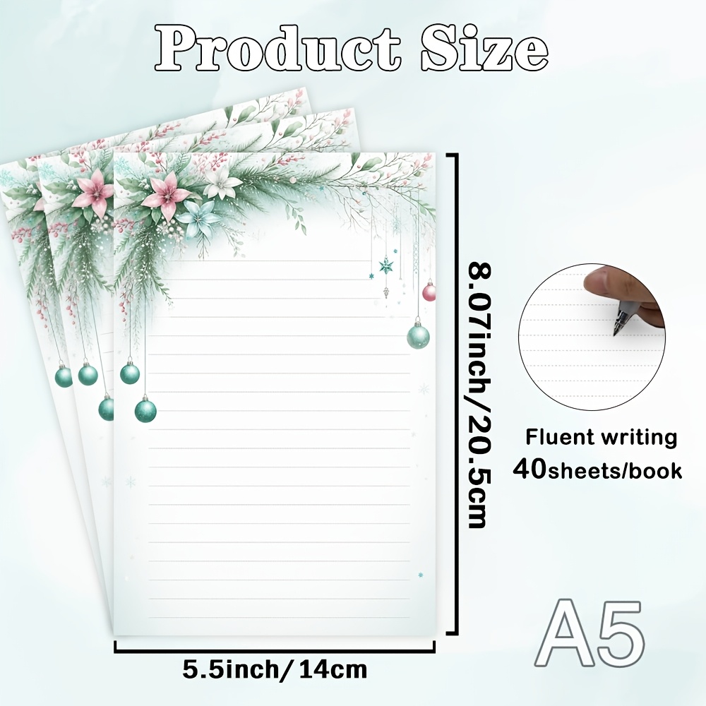 TEMU 40 Sheets Christmas Letter Paper, Floral Garland With Pink And And Ornaments, Elegant Watercolor Design, Wedding Invitations, Lined Stationery,