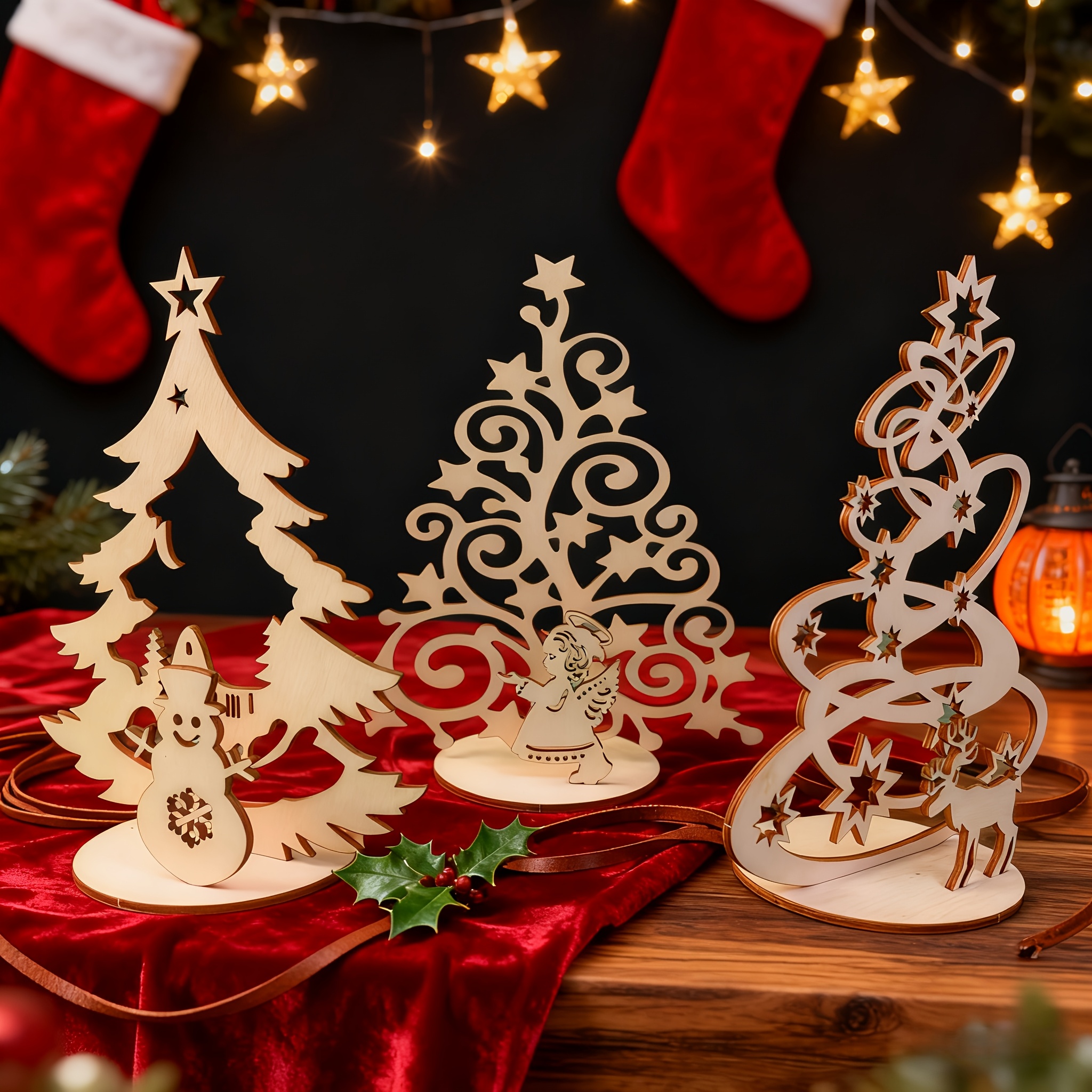 Image of 3pcs Wooden Christmas Sleigh Decoration With Snowman, Reindeer And Christmas Tree Tabletop Ornament For Xmas Home Decor