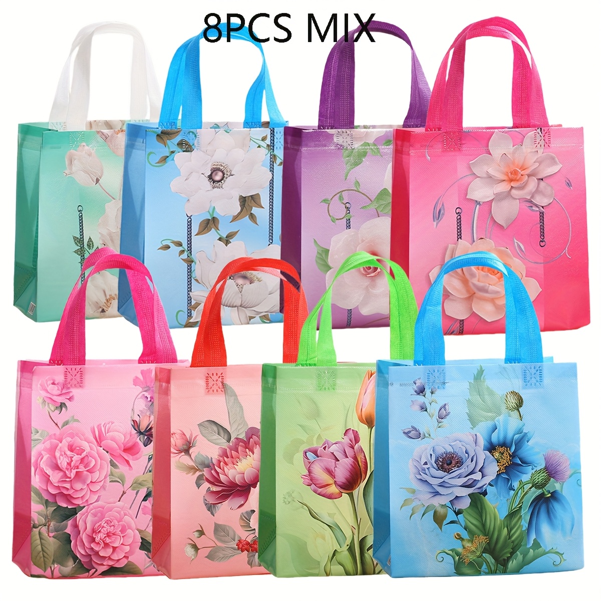Image of 8pcs Floral Print Series Gift Bags, Non-woven Fabric Tote Bags, Reusable Shopping Bags, Rose Print Gift Bags, Wedding Gift Packaging Bags, Gift Bags, Happy Party Supplies, Wedding Supplies.