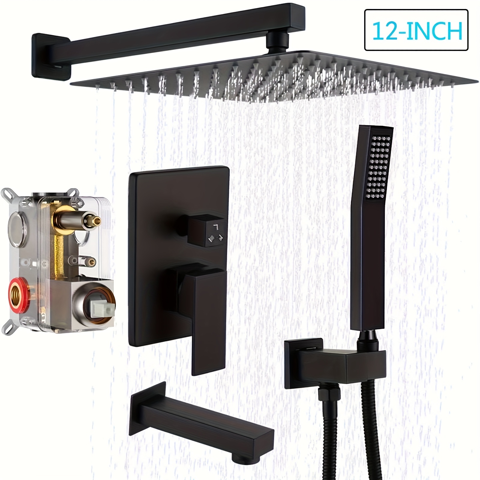 TEMU Matte Black Shower System Set, Featuring A 12/16 Inch Square High-pressure Rain Shower Head, A Luxurious Bathroom Combo With A Handheld Sprayer