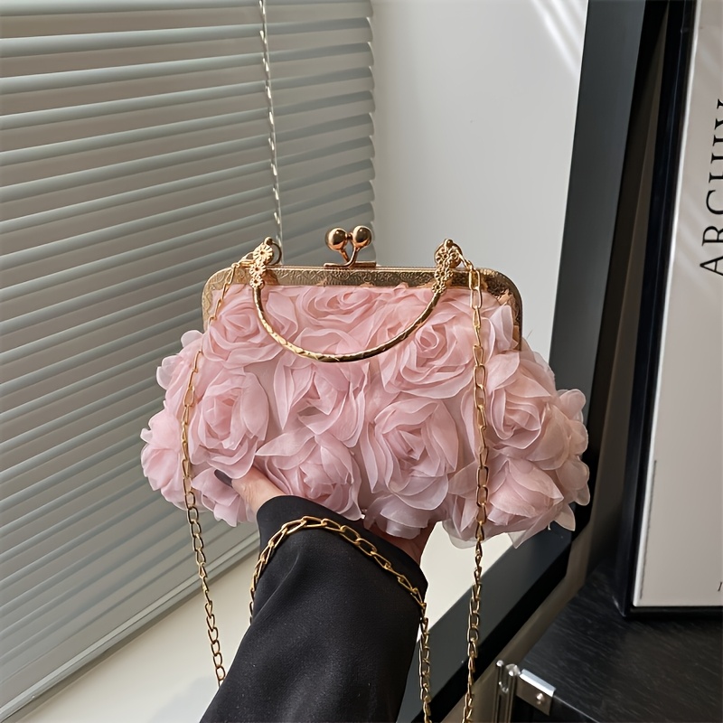 E-shop Elegante 3D-Blumen-Clutch für Damen – Abendtasche mit goldfarbenem Kettengurt, Polyester-Handtasche mit Verschluss, Weiß/Pink/Schwarz für