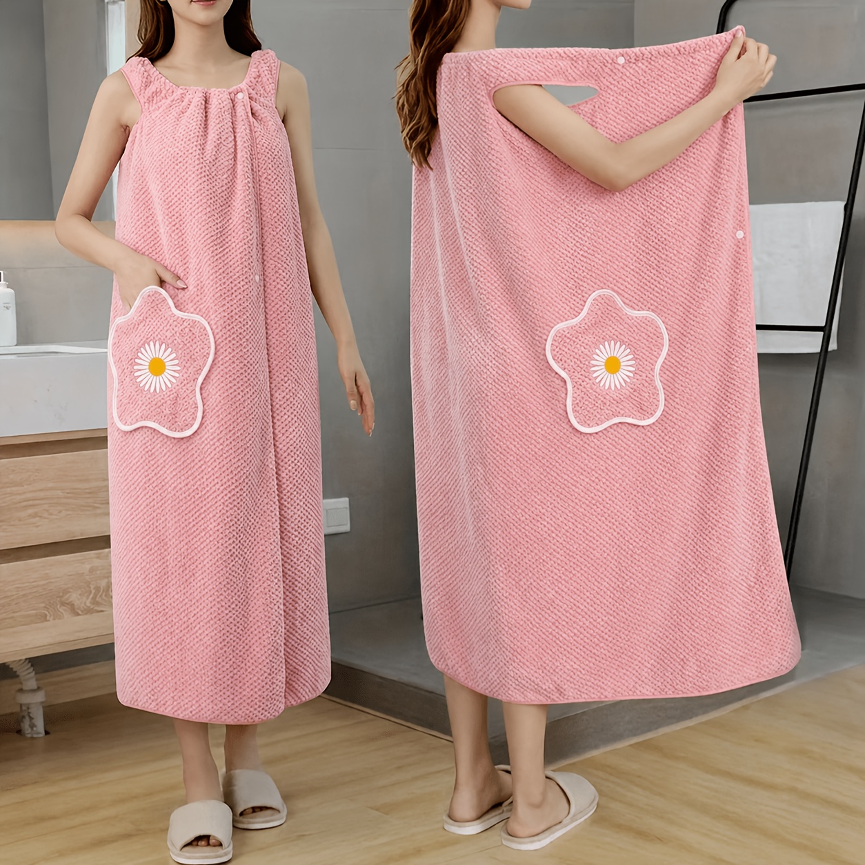 TEMU Serviette de bain grande taille pour adulte, style à ou à envelopper, broderie florale, avec poche, à bouton-pression, absorbante, peluches,