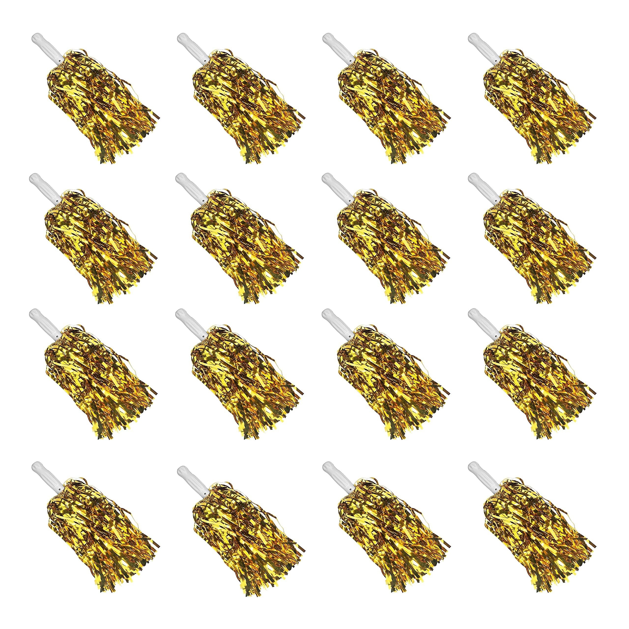 16pcs Party Pom Poms, Cheerleading Metallic Foil Plastic Pom Poms With Handles, For Game Sports Dancing Party Stage Performance Celebrations