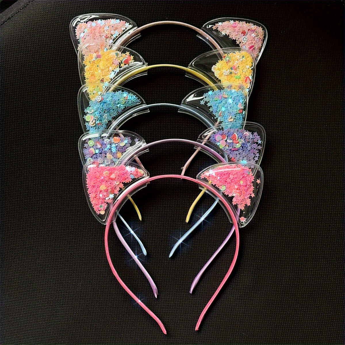 

festive" 5-piece Cute & Colorful Quicksand Cat Ear Headbands Set For Women And Girls - Perfect For Parties, Cosplay & Photo Props
