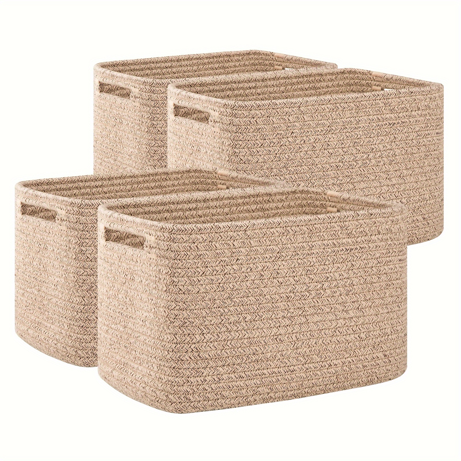 

4pcs Baskets With Handles, Rectangle Cube Organizers For Shelves, 13''lx9''wx7.8''h, Natural Color, Woven Design, Solution, Basket Storage, Laundry Baskets