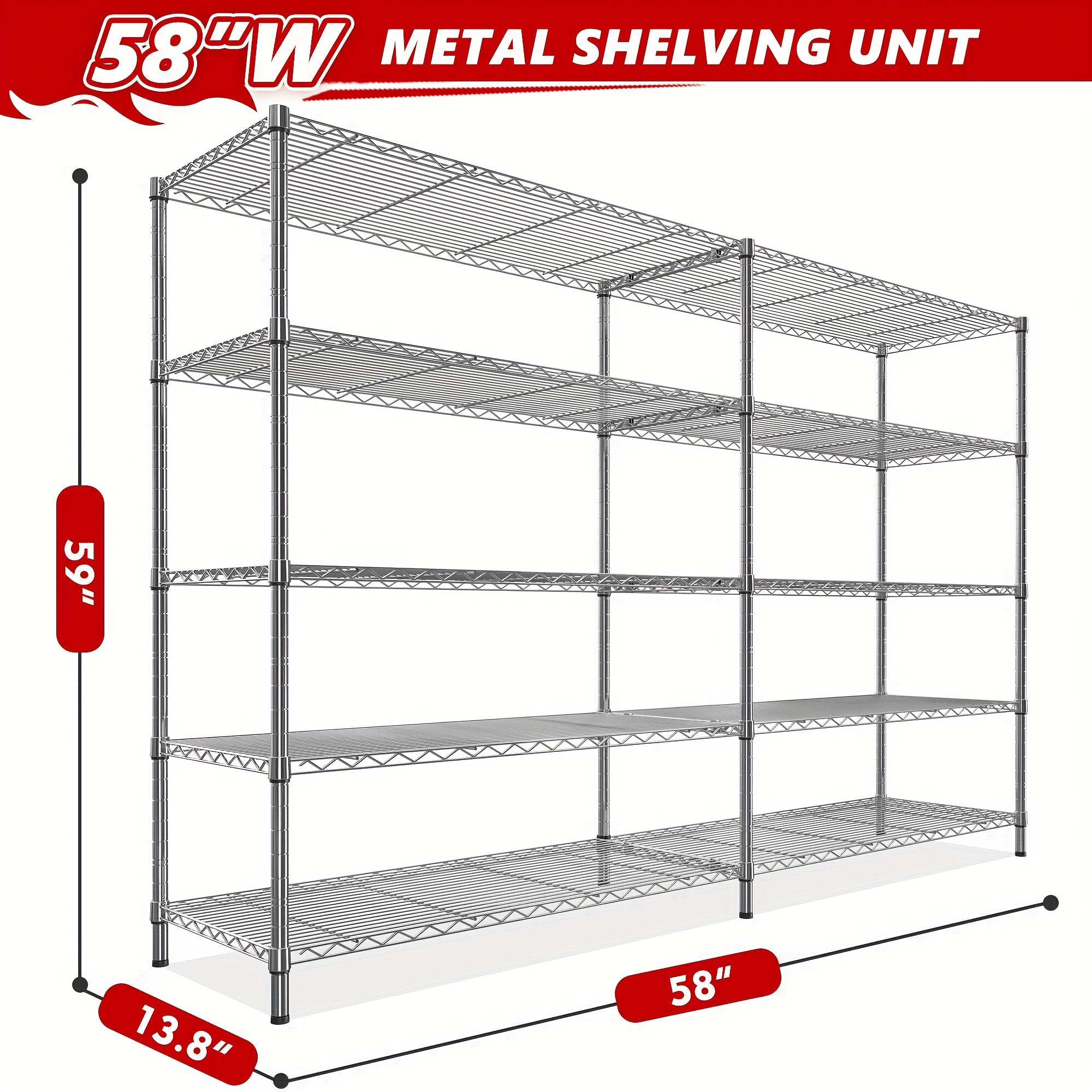 TEMU 5 Tier 58" Shelves Wire Shelving 1400lb Metal Shelves For Storage 5 Tier Heavy Duty Shelving Unit With Shelf Adjustable Garage Shelving Rack