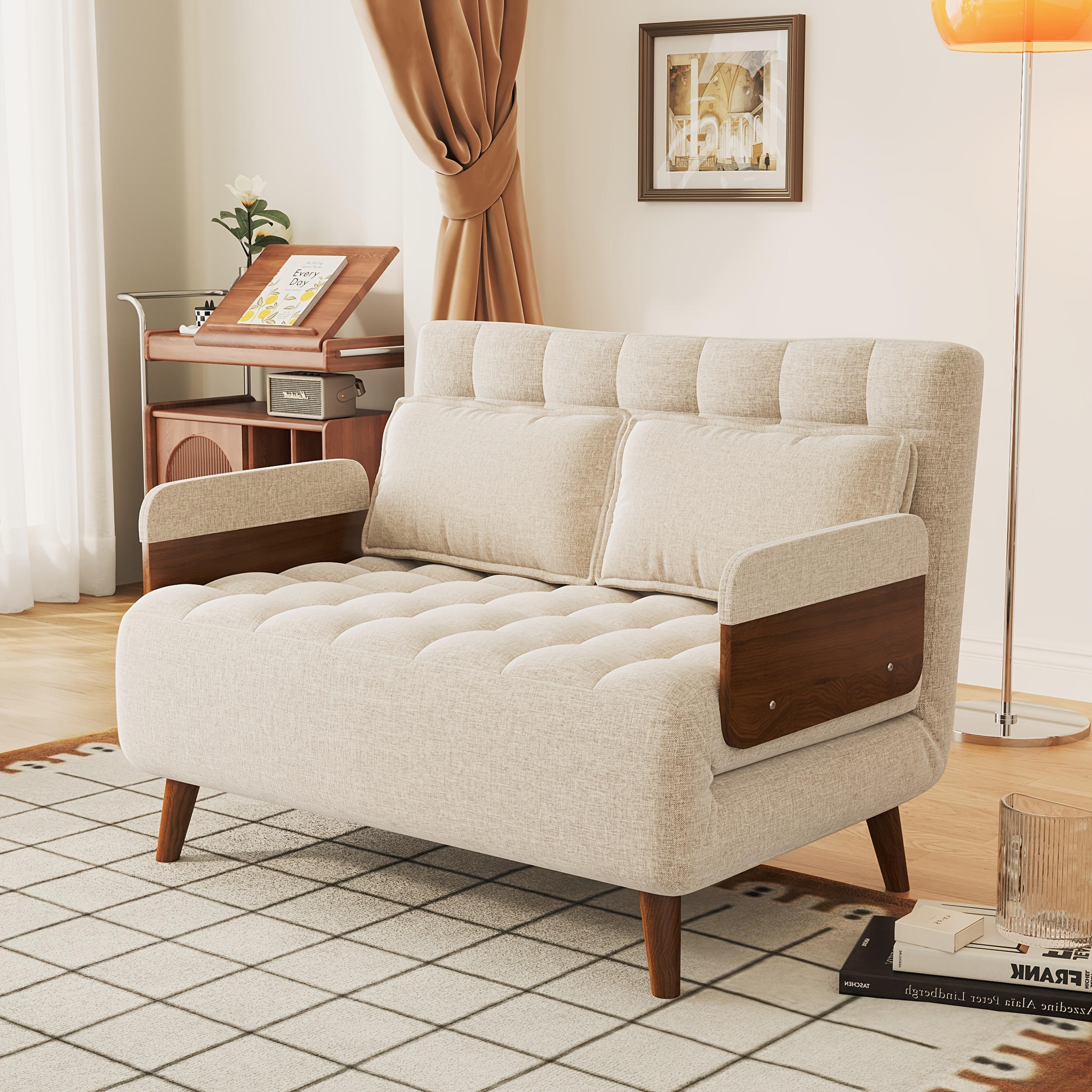 1 Modern Cotton And Linen Convertible Sofa Bed with 5 Adjustable Backs, Adjustable Height Pillows - Living Room Recliner, Single Or Double Use, Living Room Furniture Sofa | Neutral Home Decor | Wood Frame Sofa (Beige/Coffee)