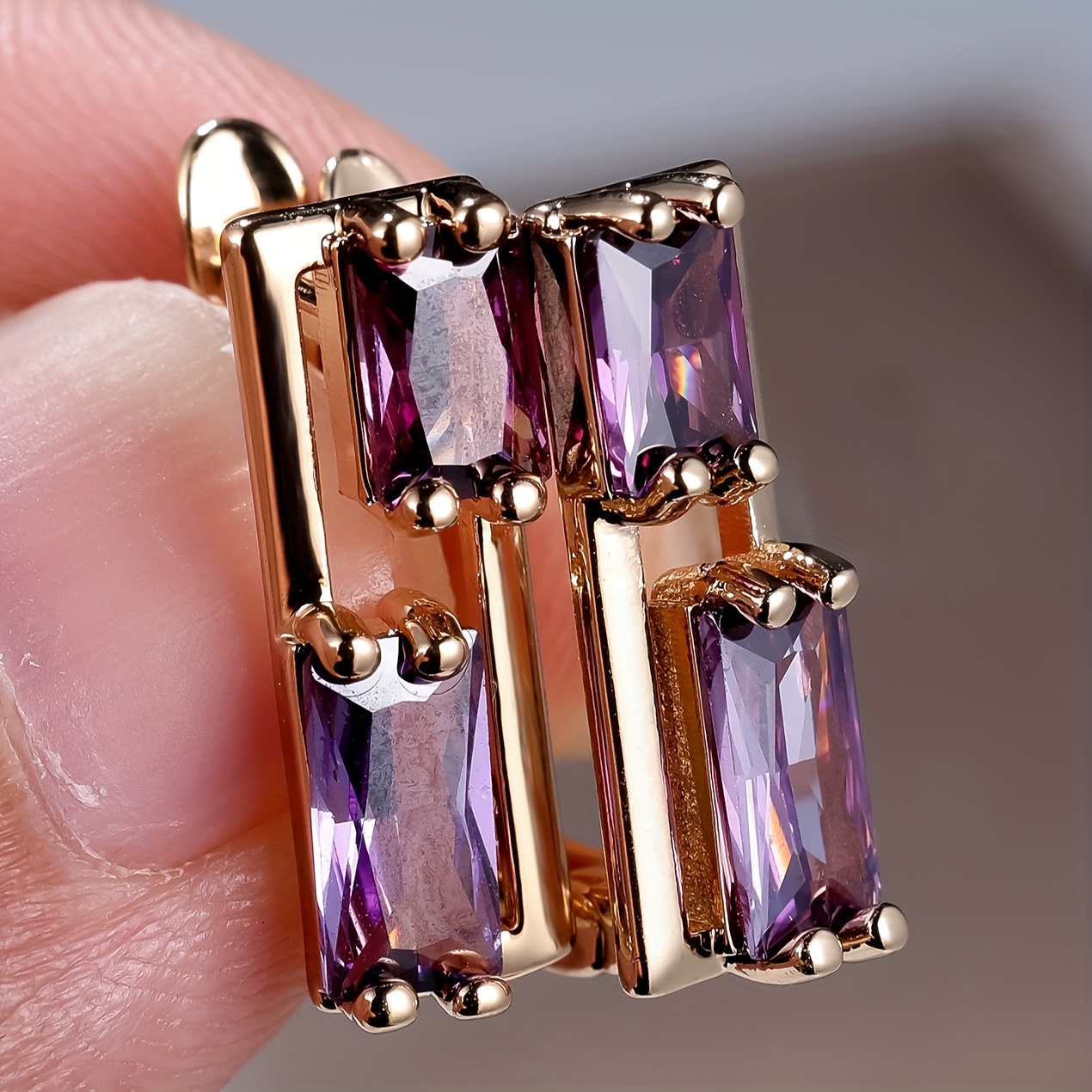Image of Asymmetrical Purple Stone Ear Dangle Accessories Souare Geometric Arrings Golden Color Women Jewelry For Pretend Play