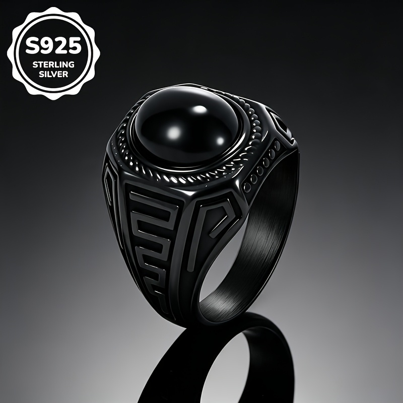 Image of 1pc S925 925 Silvery Plated Fashionable Retro Business Black Synthetic Cubic Zirconiaia Ring, Unisex, High-quality Jewelry, Sizes 7-13, Suitable For Daily Casual And Business Party Wear
