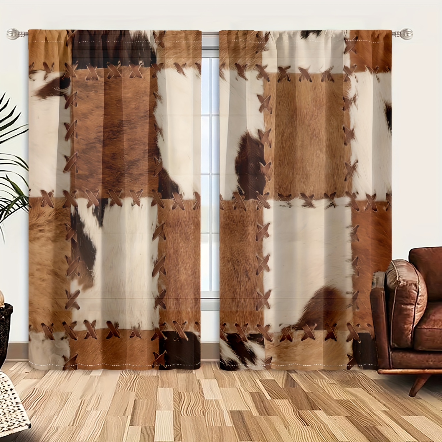 TEMU 2pcs Cow Cowhide Pattern Curtain Set, Animal Fur Printed Window Curtains - Farmhouse Style Animal Print Drapes For Living Room Bedroom Decor - Unique Textured Pattern, Easy To Hang, Durable And