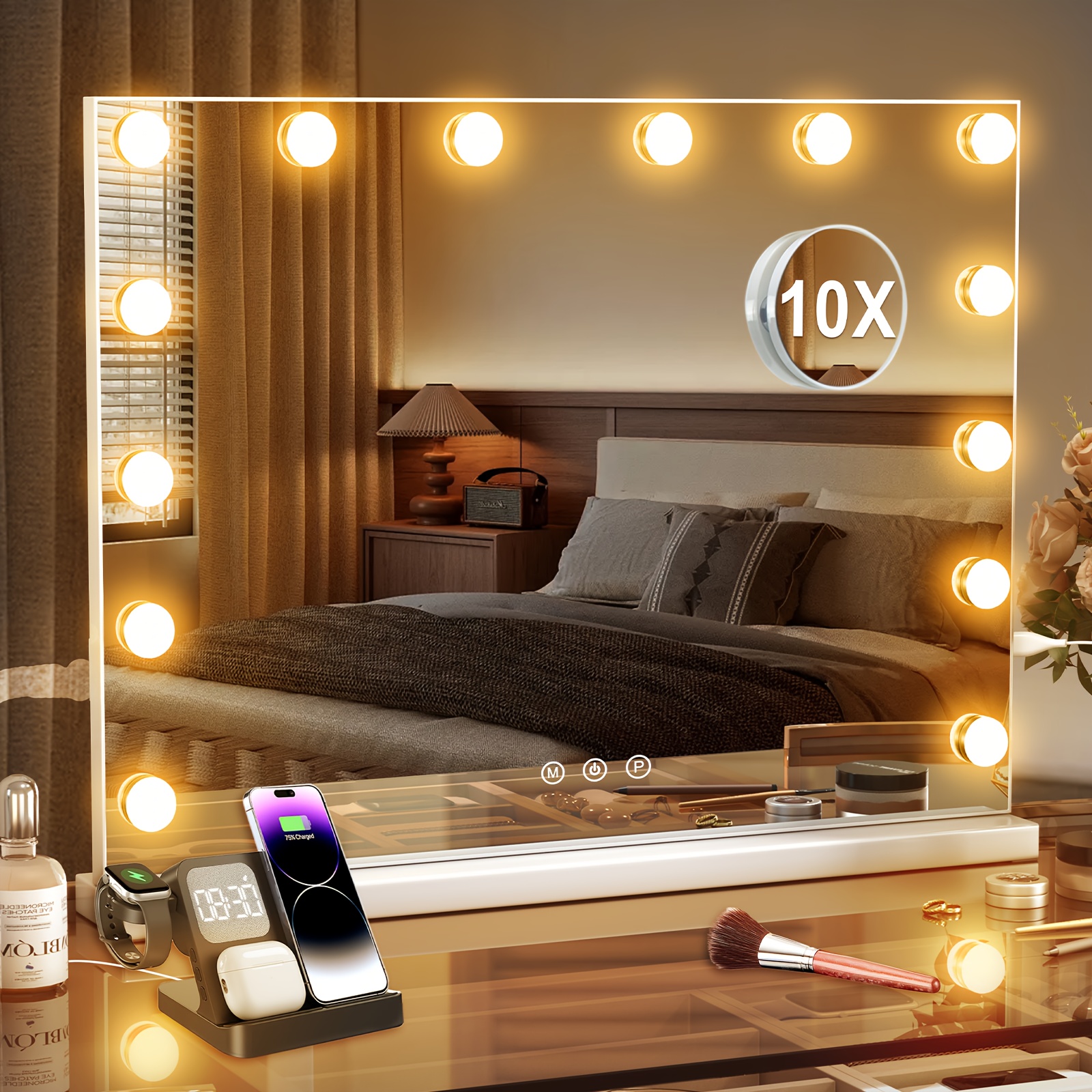 Image of Lighted Makeup Mirror, Mirror, Makeup Mirror With Multiple Adjustable Light Bulbs And 10x Magnification, 3 Colour , Touch Control, Usb Charging, Glass Mirror, Square White, Christmas Halloween Gift