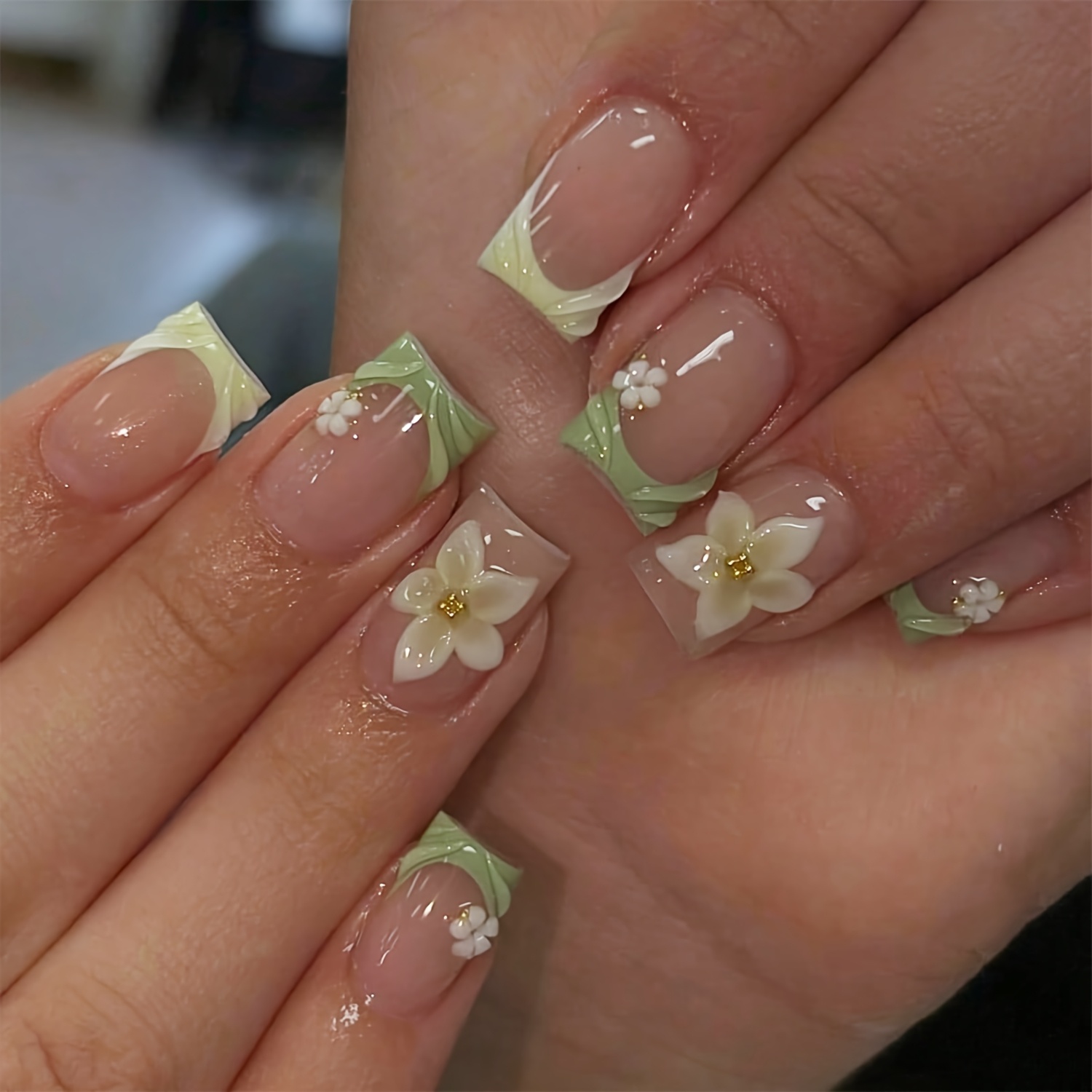 TEMU Fresh Light Green Gradient 3d Drip Glue Flower Beads French Contrasting Fake Nails Suitable For And Women 24pcs