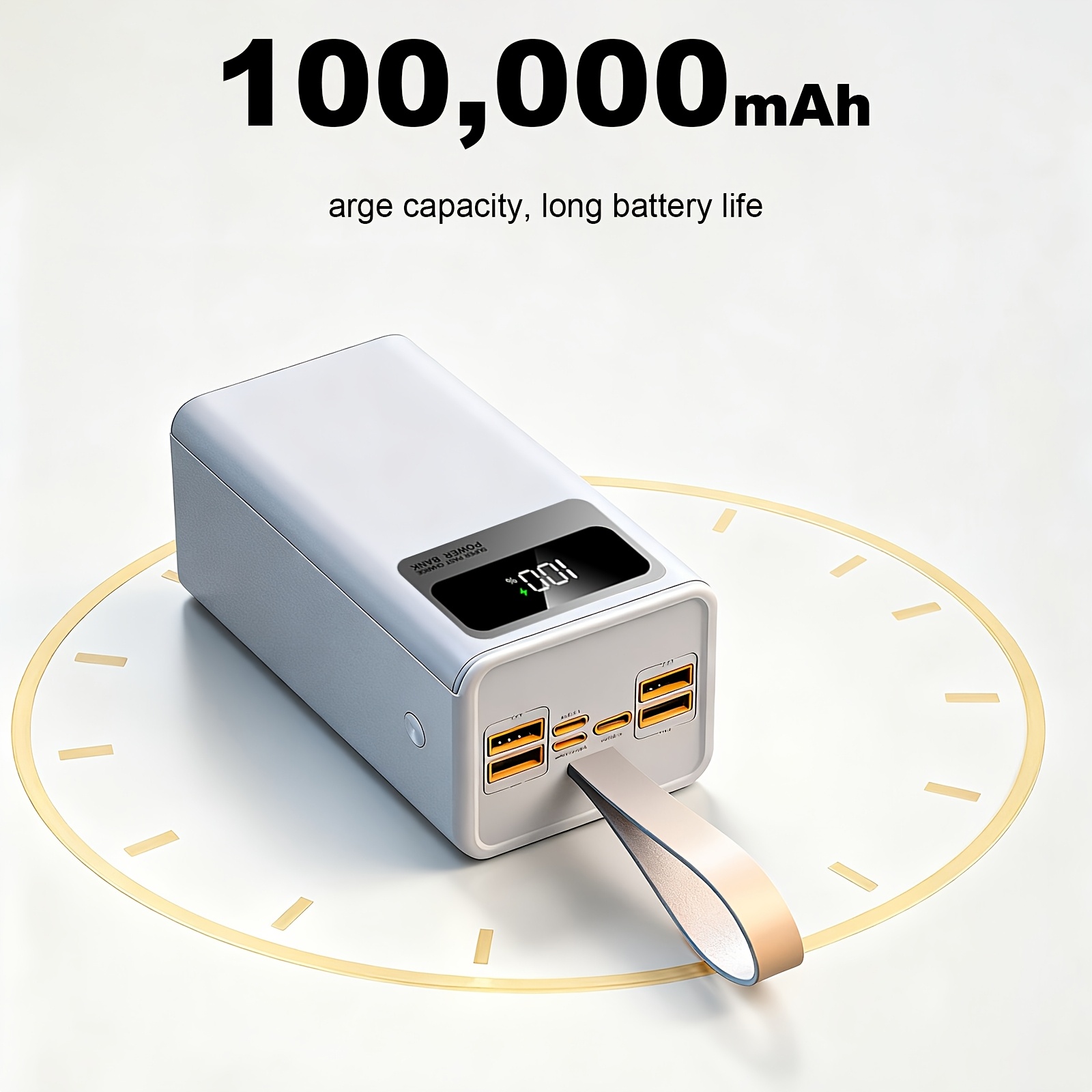 TEMU Bank avec une capacité de 100000Mah, doté d'une charge rapide de 22.5W, d'un affichage numérique intelligent, d'une en cuir, d'une lumière LED