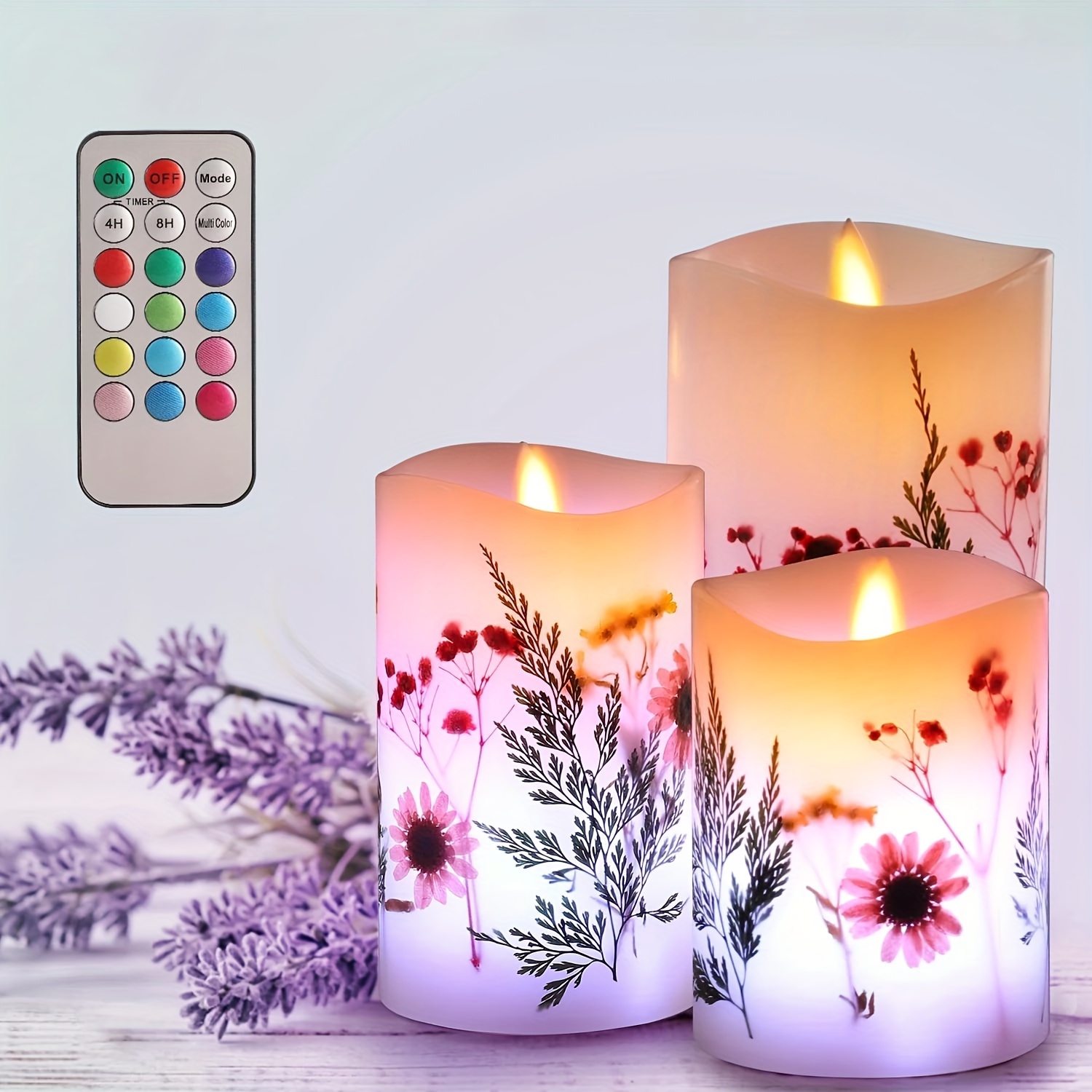 

3pcs Flickering Flameless Candles, Moving Wick Candles With Timer And Rgb Remote, Real Wax Candle Lights With Dried Flower Inclusion, Led Pillar Candles