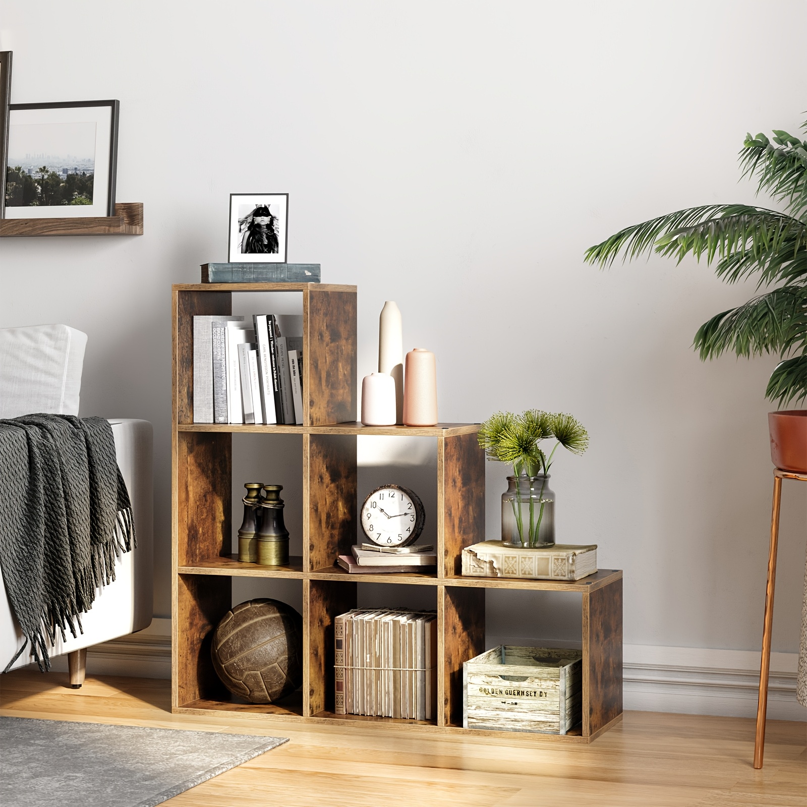 Image of Stair Shelf, Bookcase, Step Shelf, Standing Shelf, With 6 Cubes, Ladder Shelf, Room Divider, Cube Shelf, Freestanding For Office, Living Room, Bedroom
