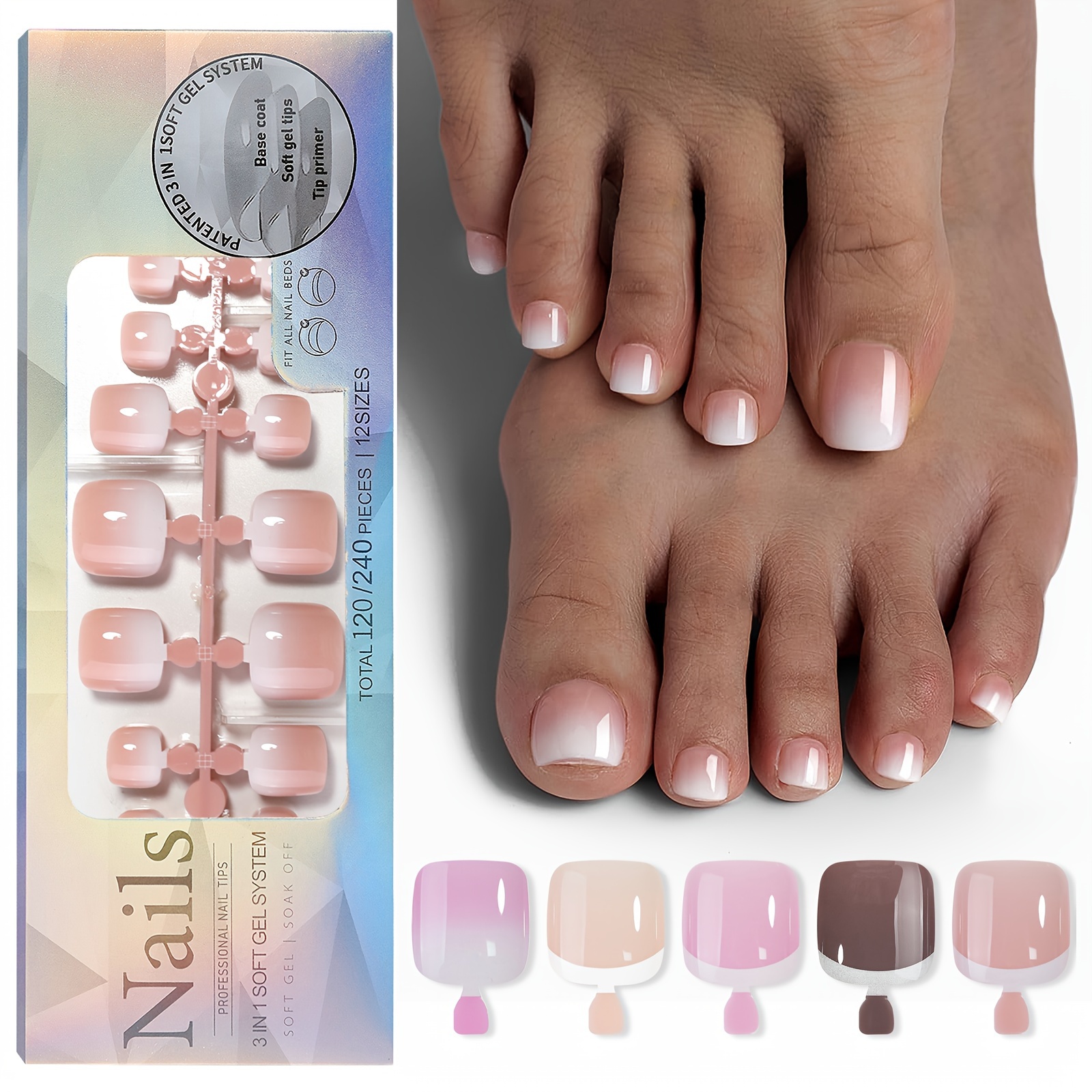 

Misscheering 120pcs Press On Toenails, Mixed Color French Tips, Short Square Shape, Glossy Geometric Pattern, Easy Diy Nail Art For Feet